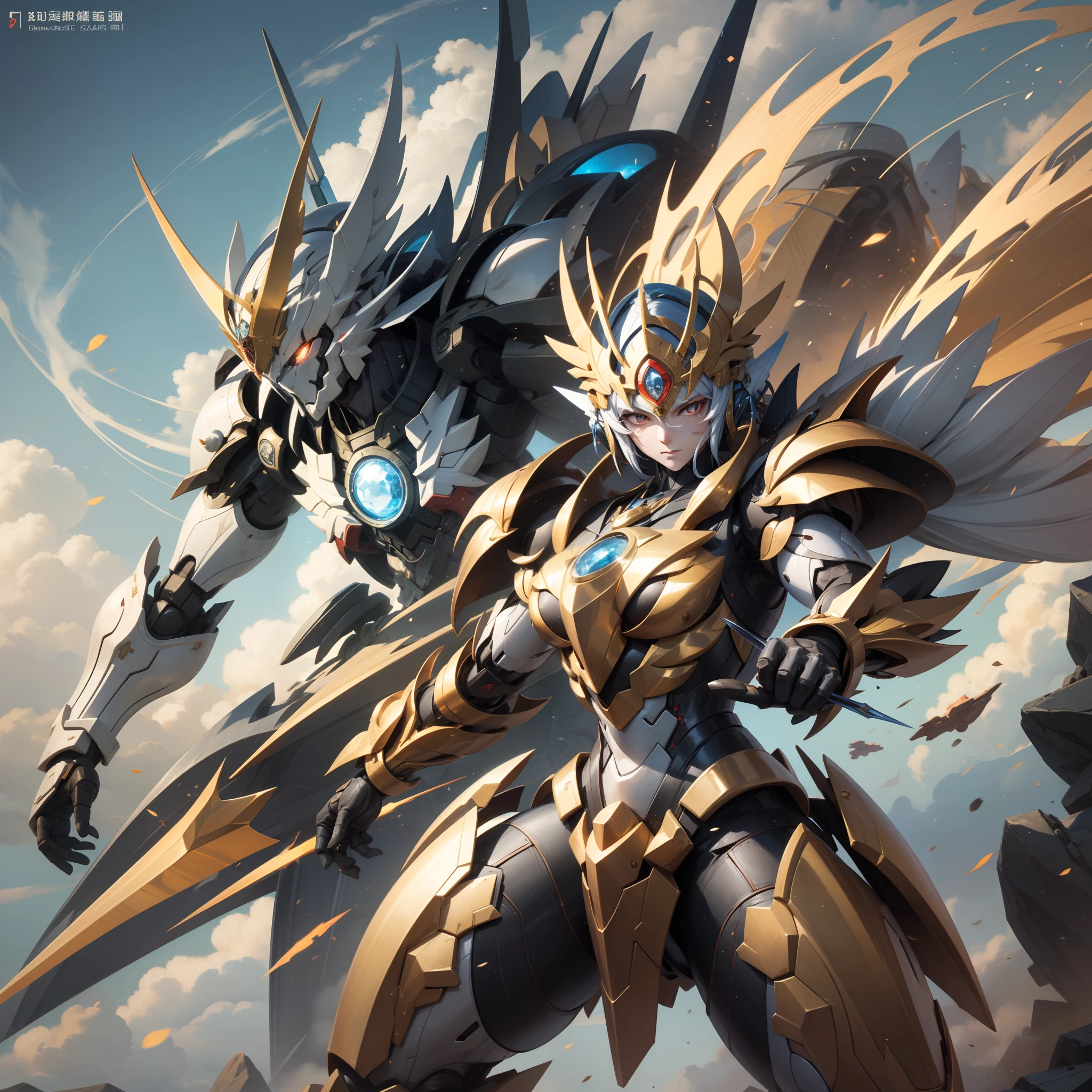 of a guy,Dressed in mecha clothes,Mecha is cool, The main color is gold,The chest is set with blue gemstones,Shine brightly,He wears a mecha helmet,Through the helmet, the eyes flashed red,Holding a blue rapier in his hand, the background is a golden mecha dragon with its mouth wide open。