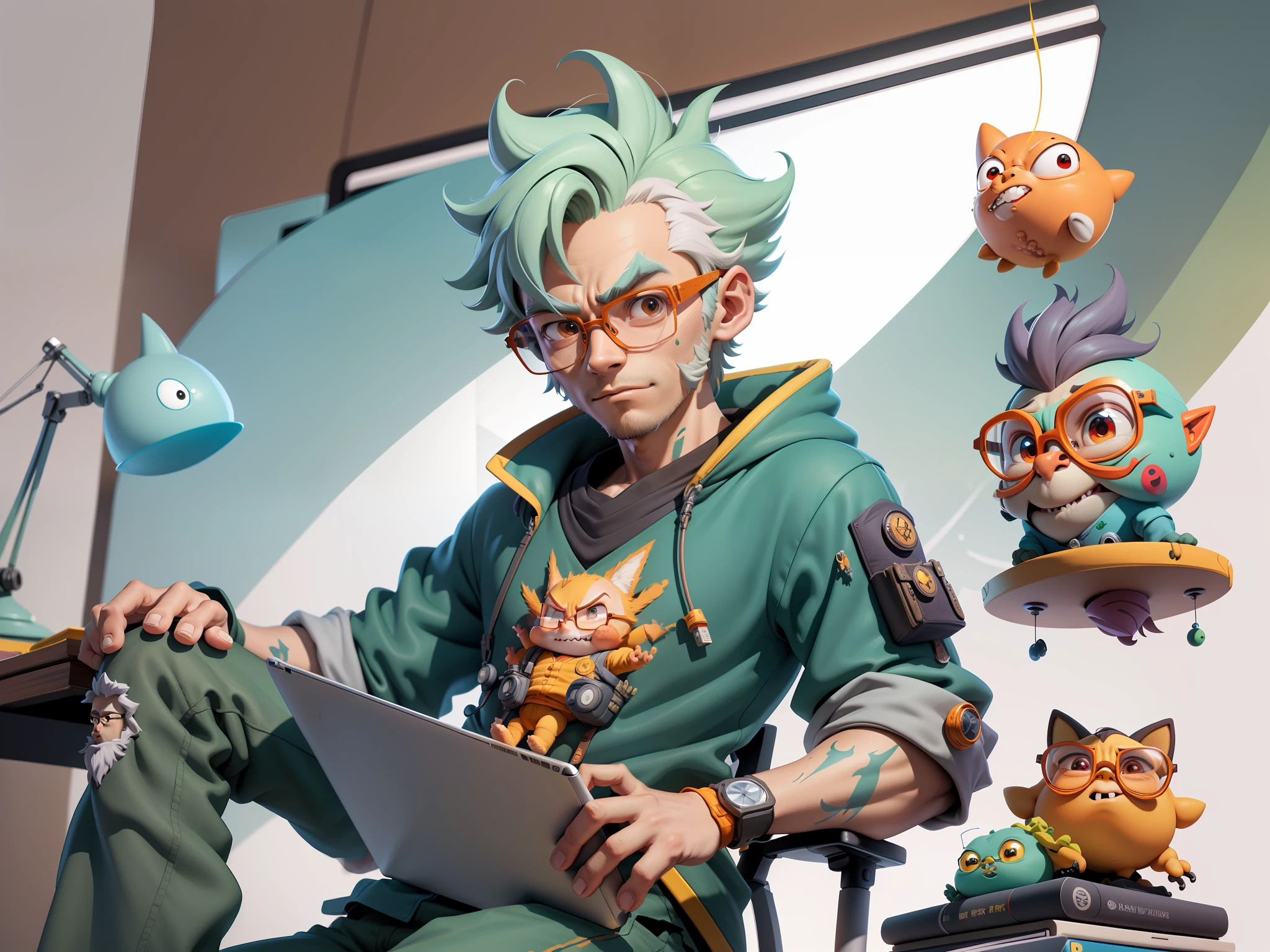 A young man with glasses sits at his desk，holding laptop，digitial painting，3D character design by Mark Clairen and Pixar and Hayao Miyazaki and Akira Toriyama，4K HD illustration，Very detailed facial features and cartoon-style visuals。