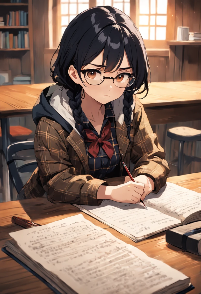 1 girl with black hair, braided hair on both sides, wearing glasses, wearing a horizontal plaid shirt, wearing a dark brown jacket over it, wearing a pair of black pants for easy exercise, a calm face sitting Writing a book on a wooden table, there is a mole under the right eye, next to the girl is a black cat with big yellow eyes staring at the girl's papers.