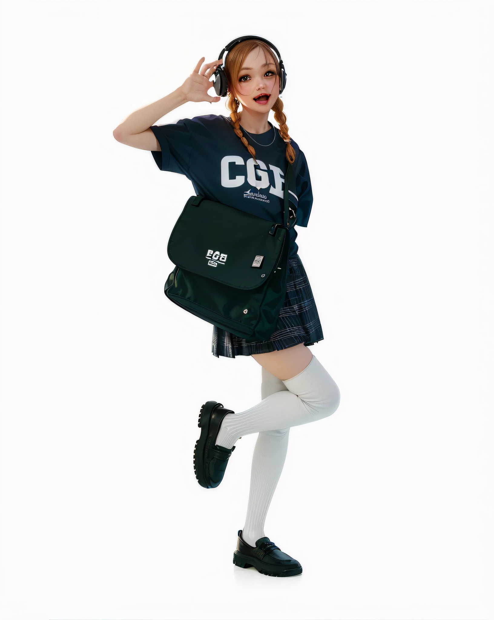 in school uniform,Woman wearing headphones and bag, cyber school girl, Outfit: puff, trending on cgstation, trending at cgstation, JK school uniform, She is seen wearing streetwear pieces, Casual pose,Official product photos for girls, Cool pose, Cute casual streetwear,The expression is a happy smile,Photo texture