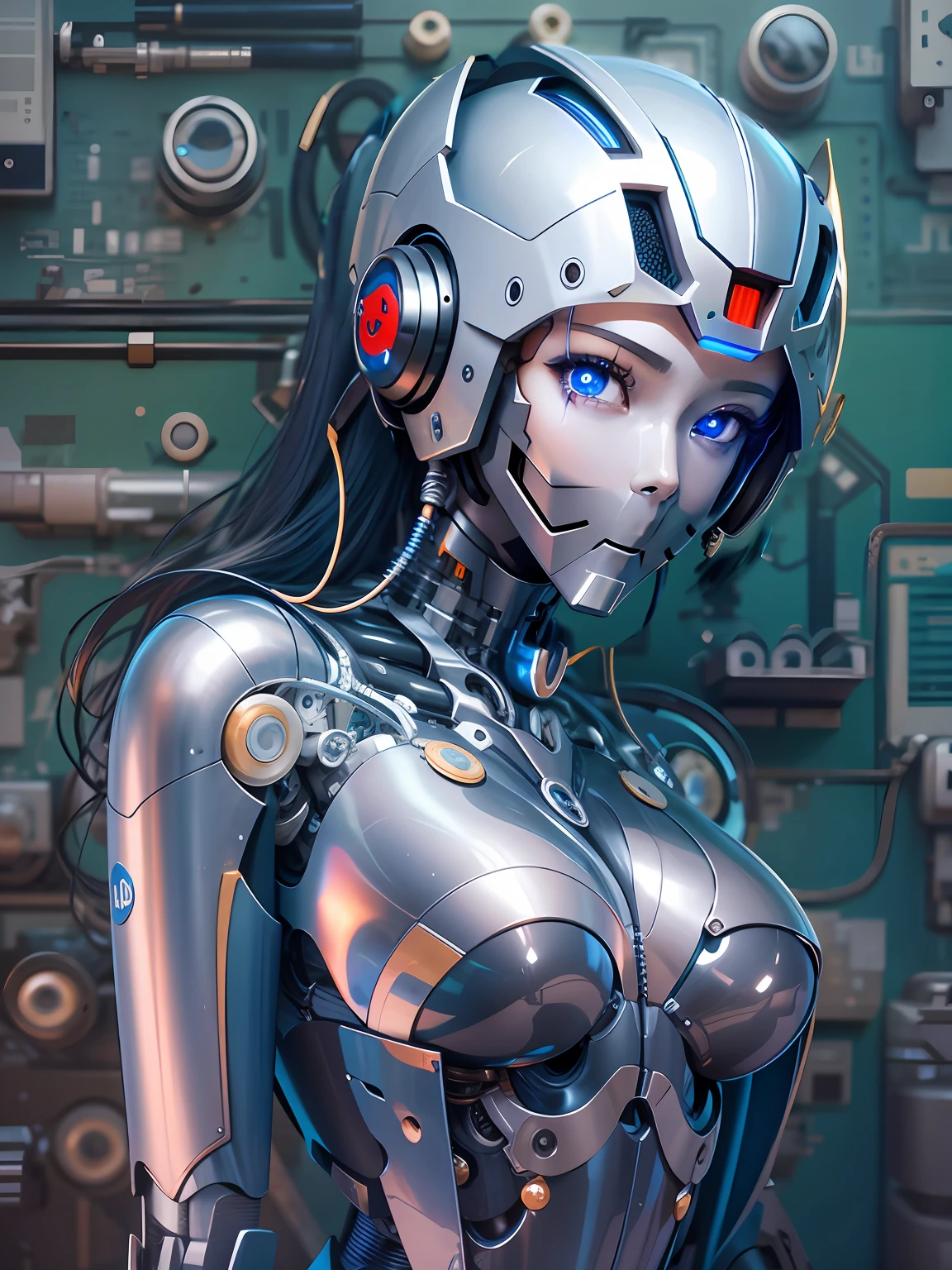 (masutepiece, humanoide robot:1.3), (Captivating depiction of a robot in the form of a human adult woman:1.2), Curvaceous(Meticulously crafted to showcase the fusion of technology and aesthetics:1.2), Only dark blue metallic and blue metallic colors used、The curvaceous titanium frame covers the whole body, including the face.、 (Human-like head with a perfectly symmetrical face:1.1), (Imitation of Space Cobra's Armaloid Lady), (A spotlight that highlights the complexity of its machines and the beauty of their design:1.1), (A sense of wonder and innovation represented by the creation of robots:1.1), (Images that inspire reflection on the future of human-machine interaction:1.1), (Precision meets aesthetics、 ultra-detailliert, Insane details, Feminine curvaceous、degrees of freedom, Hyper-Resolution, Megapixel, cinematic lightening, insanely detailed and intricat, Hyper maximalist, Hyper realistic, Realistic,