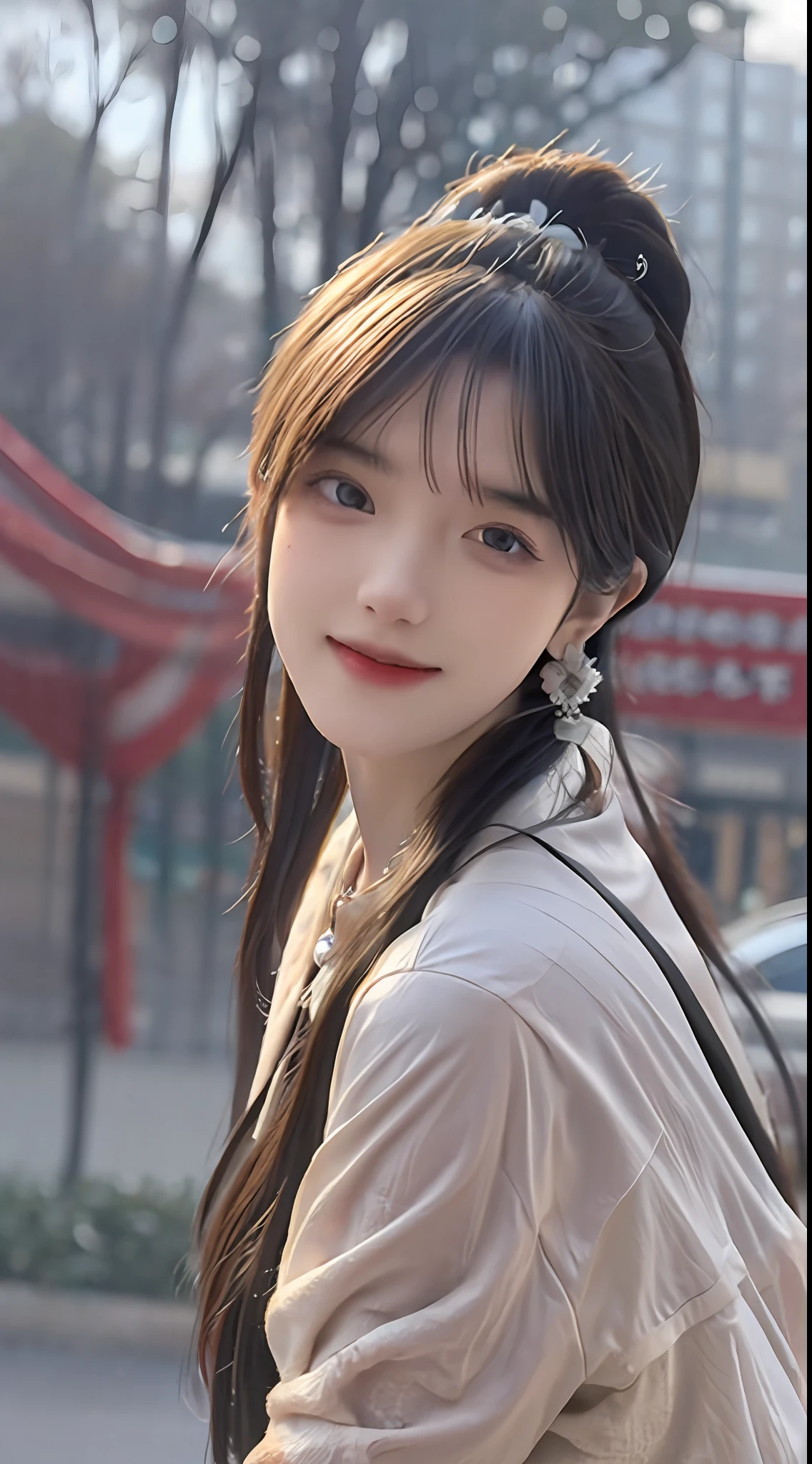 ((Best Quality, 8k, Masterpiece: 1.3)), Clear Focus: 1.2, Perfect Body Beauty: 1.4, Buttocks: 1.2, ((Layered Haircut, ), (Rain, Street:1.3), Highly Detailed Face and Skin Texture, Fine Eyes, Double Eyelids, Whitened Skin, Long Hair, Smile, Laugh, Chinese Clothing, Jade, Necklace, Bracelet, Earrings