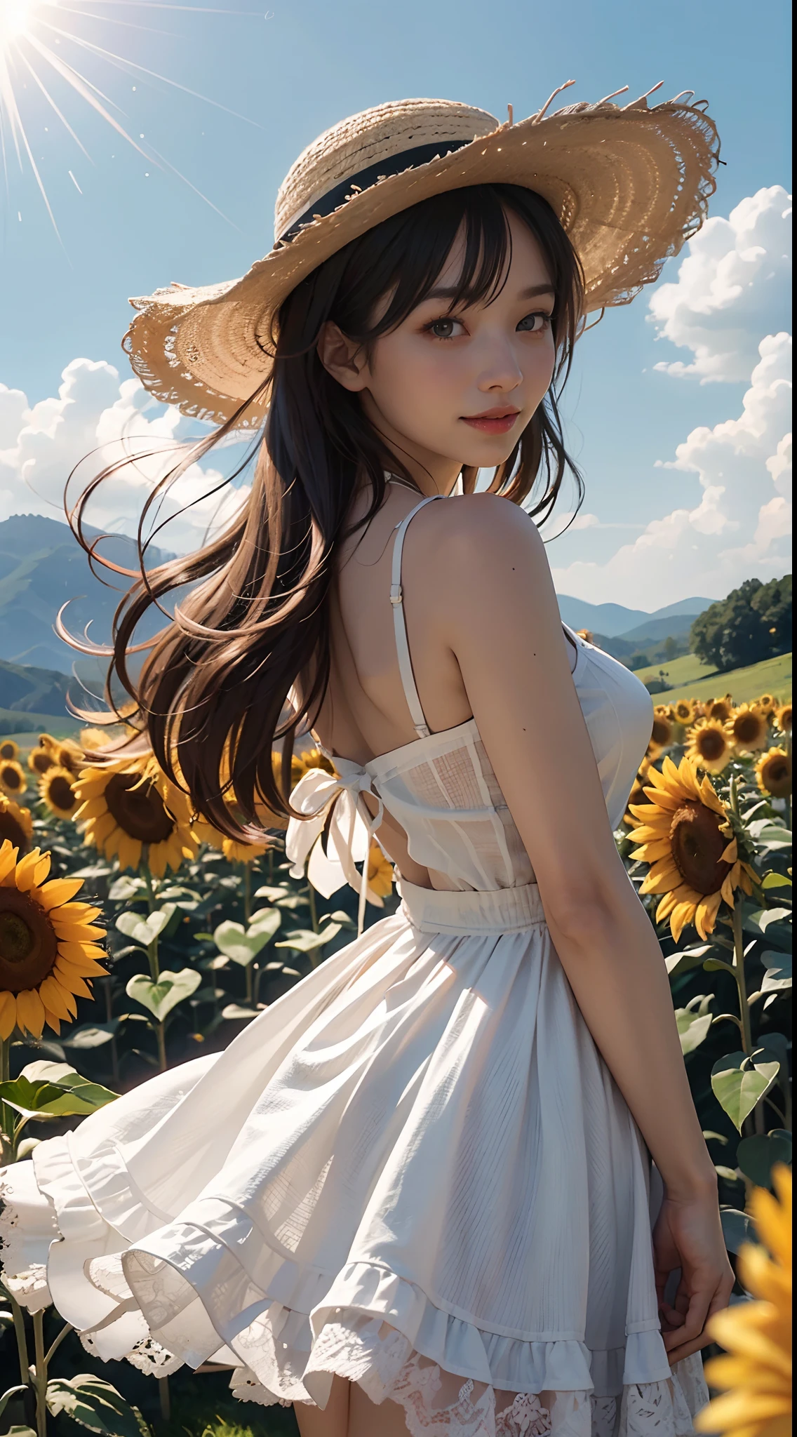 Unbeatable masterpiece, Ultra photo realsisim, Perfect artwork, Intricate details, Best quality, Strong light,High contrast,  sunflower field , cute and kawaii girl ,(sweat:0.5) , arms behind back , White kneelength camisole dress , Straw Hat , smile,strong light , sunlight , wind , summer sky ,incoming , attack , Magic Effect , Fireworks .light bloom , lens flare , (far from viewer:1.1), high quality , best , high resolution , bestquality , award winning , highly detailed .hyper extreme detailed , masterpiece ,