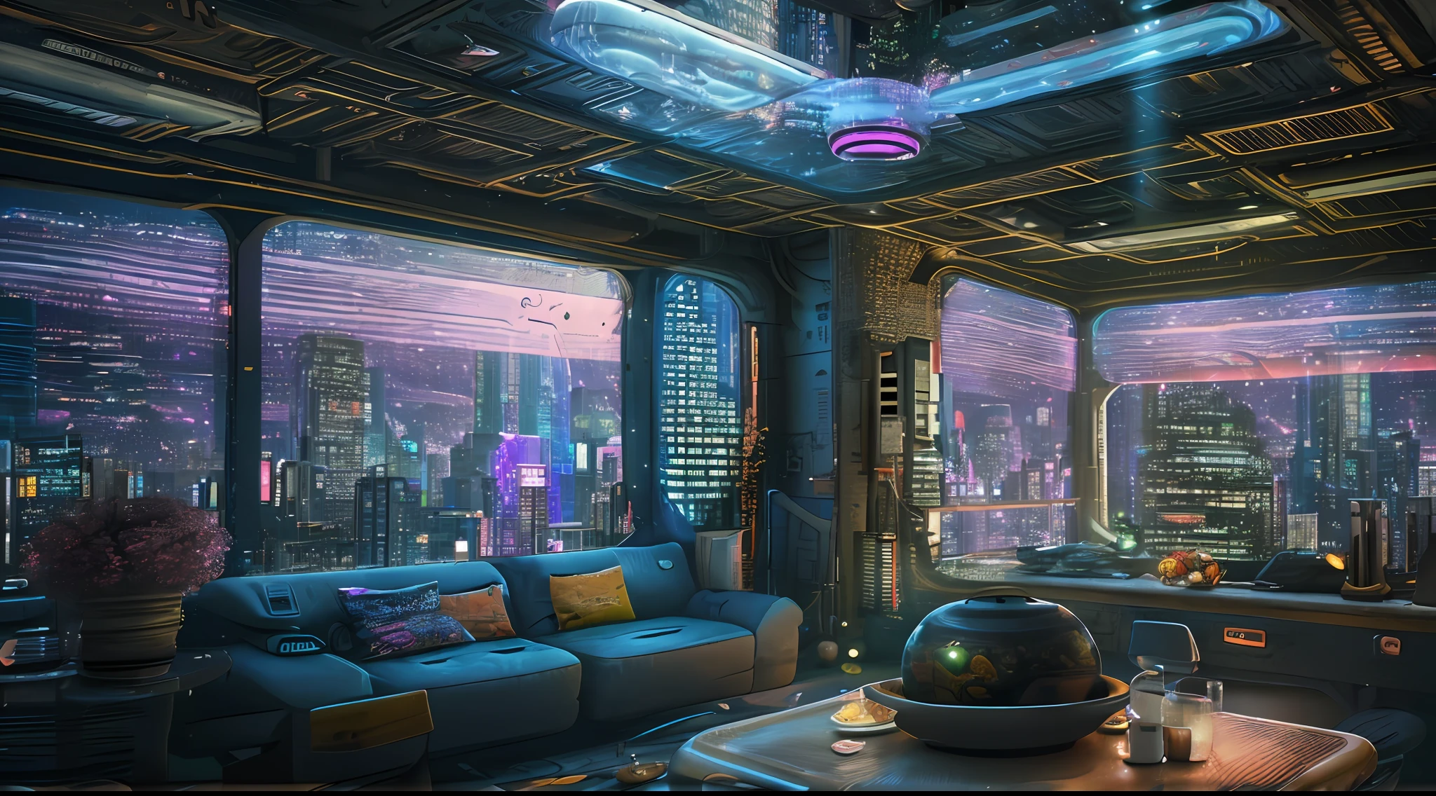 ((tmasterpiece)),(Hyper-detailing),(Complicated details),(High resolution CGI artwork 8k),Futuristic cyberpunk living room。Large windows for balcony floor-to-ceiling windows,Busy and colorful、Detailed cyberpunk cityscape。Futuristic style,There are many colors and LED lights。The cityscape should be very detailed,depth of fields。Create depth with atmospheric lighting,Evoke the feeling of a busy futuristic city outside the window。cameras:Wide-angle lens showing rooms and windows。The window should be the focal point of the image。illuminating:Use atmospheric and volumetric lighting to enhance cityscape detail。The room should be illuminated by the neon lights of the cityscape。