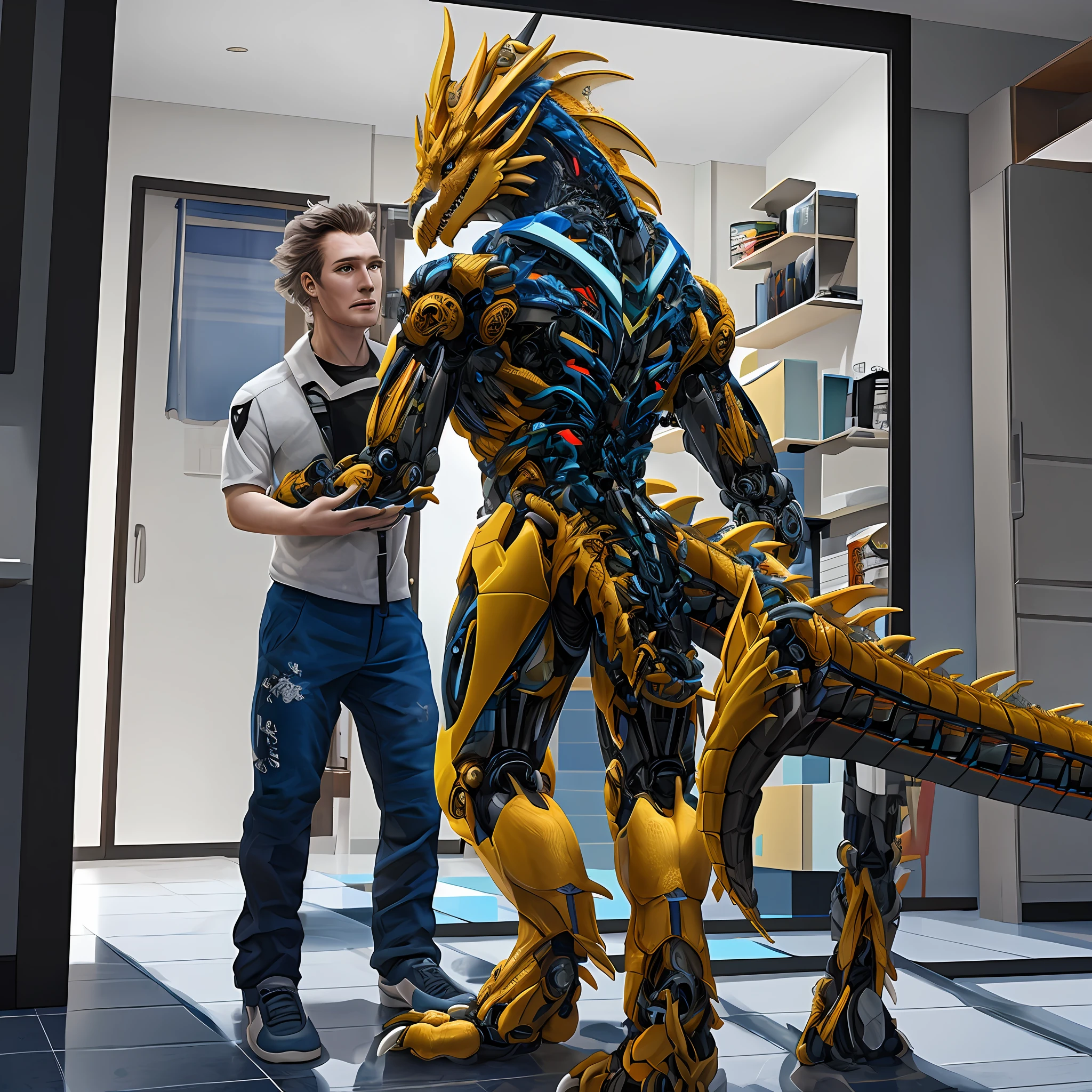 Bionic Mechanical Dragon,Golden Dragon,female,Humanoid,Wear blue shorts,Standing on the porcelain floor of the apartment。HD graphics,Detailed and realistic,high detal,high qulity