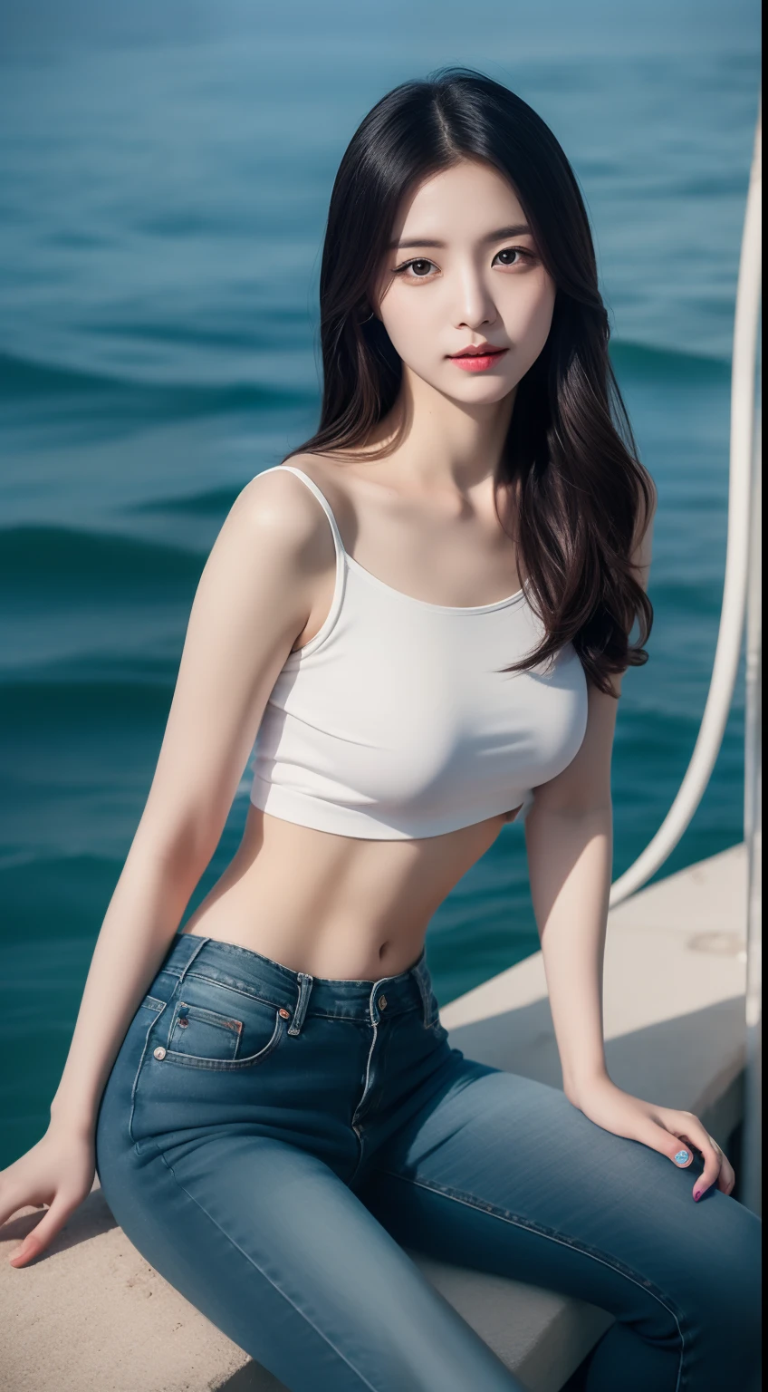 realistic photos of 1 cute Korean star, hair between eyes, white skin, thin makeup, 32 inch breasts size, slightly smile, black crop top, jeans, sitting by a sea, Gothic art, UHD