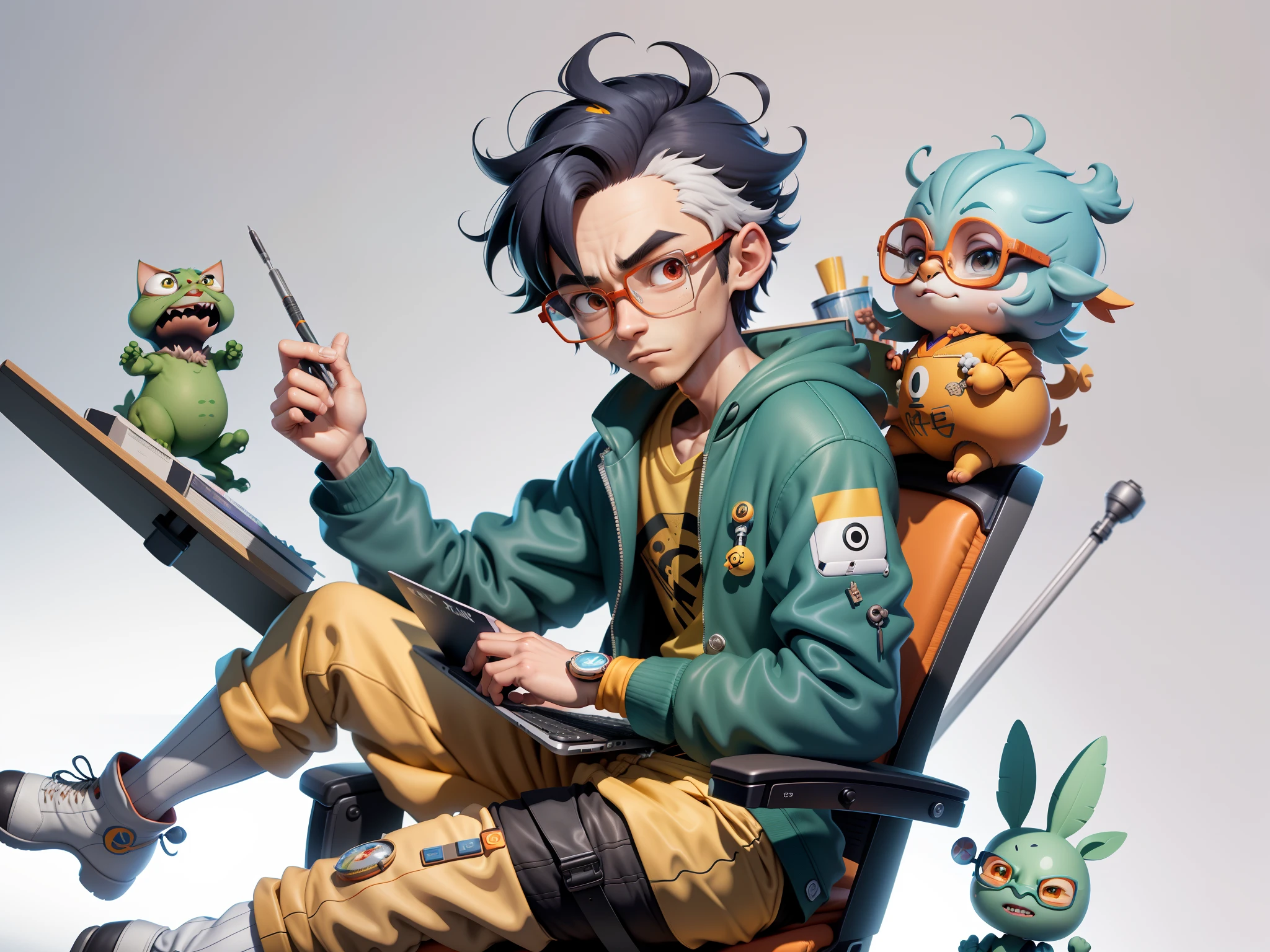 A young man with glasses sits at his desk，holding laptop，digitial painting，3D character design by Mark Clairen and Pixar and Hayao Miyazaki and Akira Toriyama，4K HD illustration，Very detailed facial features and cartoon-style visuals。