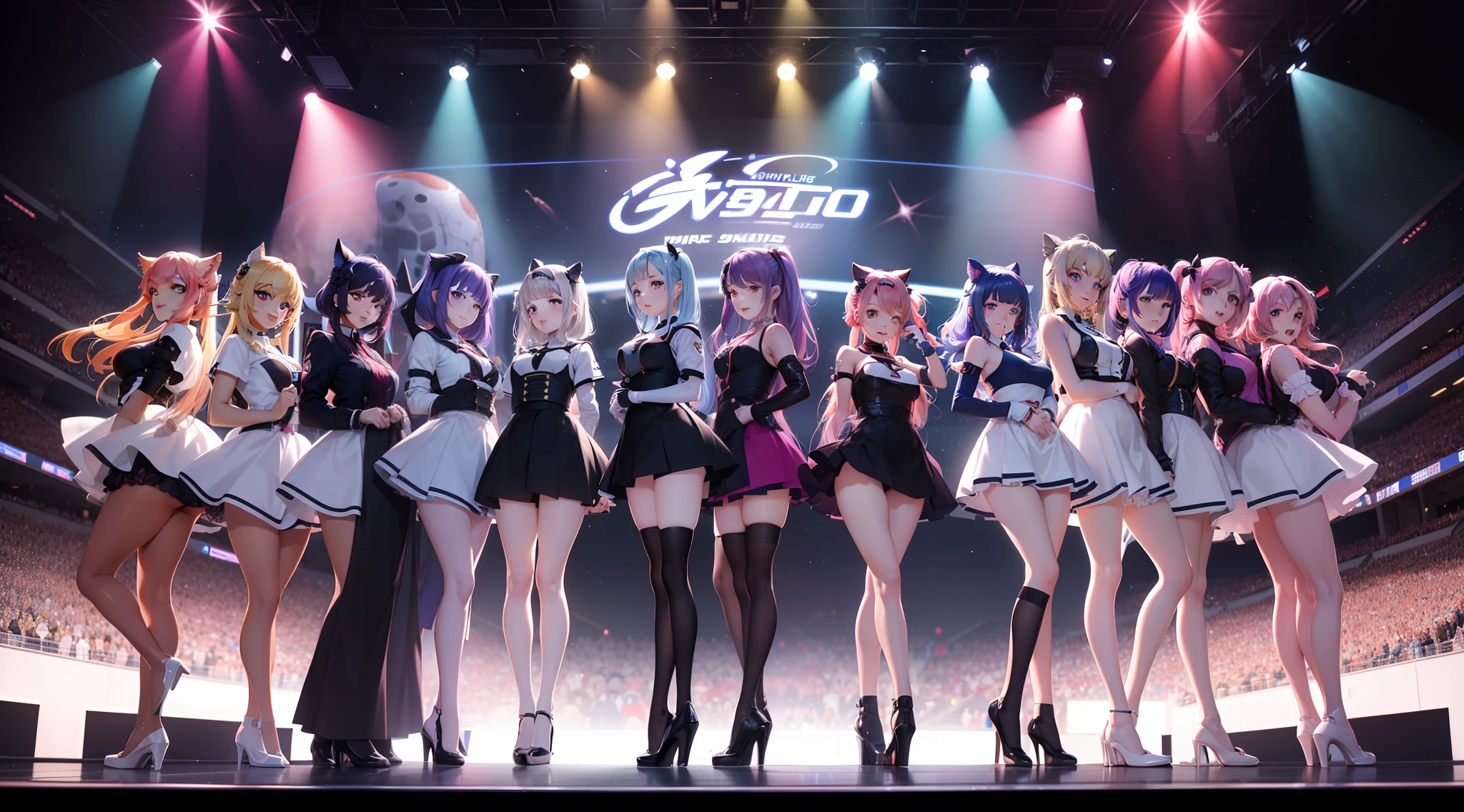 2 girls, short skirt, big breasts, pink hair, heels, happy, detailed eyes, high heels, bangs,short hair, idol, music concert, thicc, wide hips, masterpiece, high resolution, multicolor lighting sources, beret, fishnets