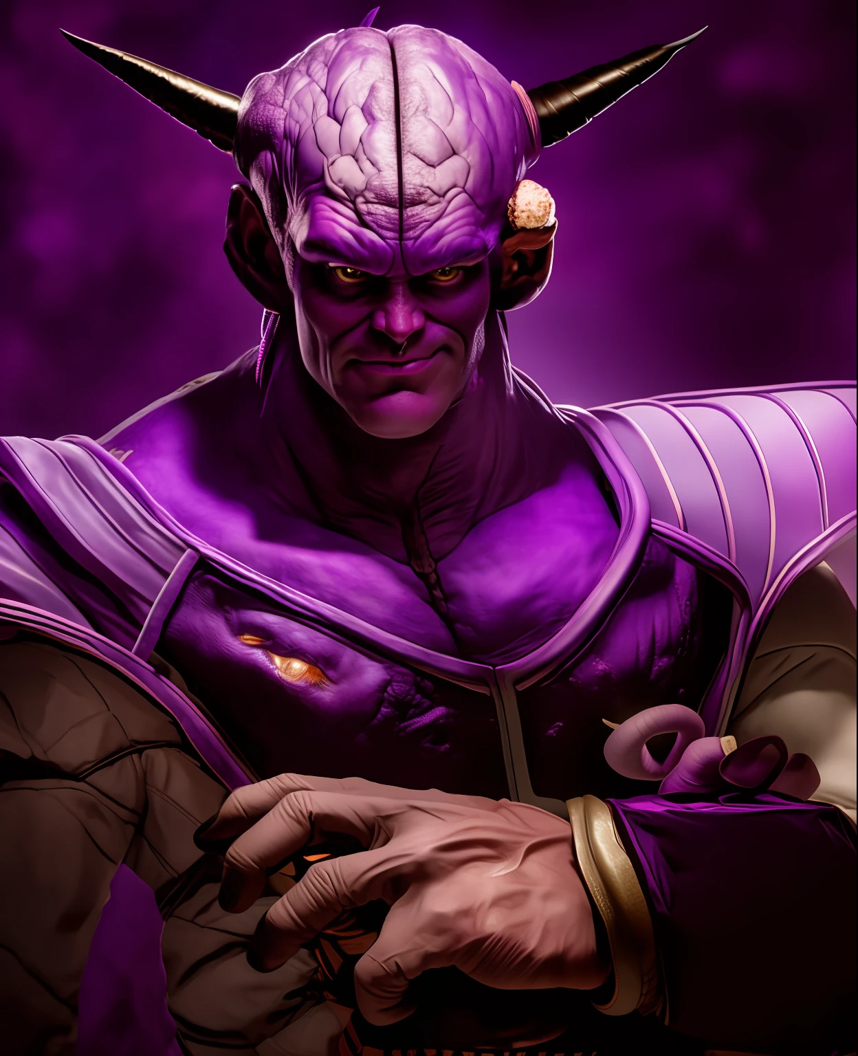 Jim Carrey cast as a purple bald alien with purple skin and big black horns, big bald veiny brain, sayan armor