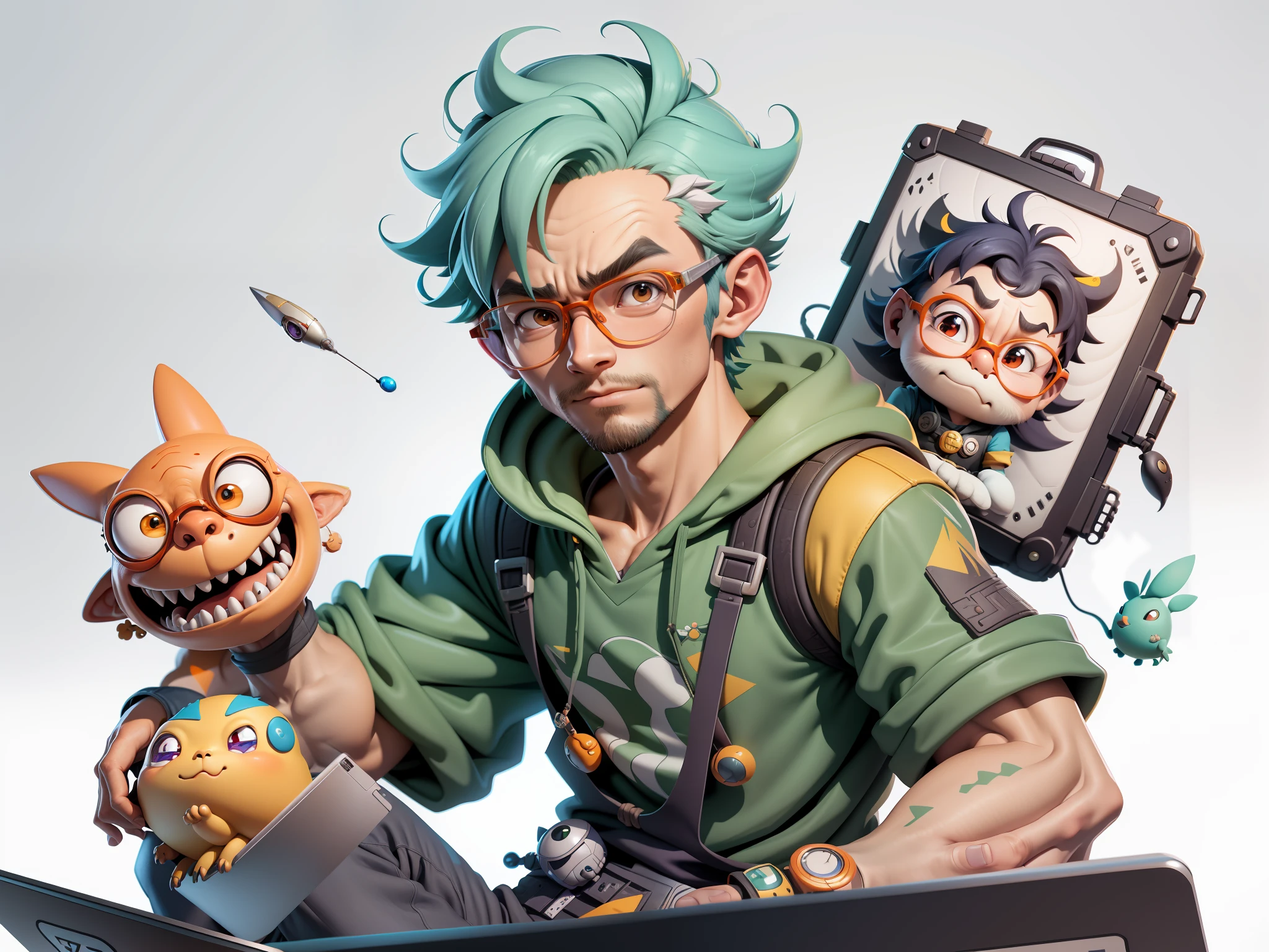A young man with glasses sits at his desk,holding laptop,digitial painting,3D character design by Mark Clairen and Pixar and Hayao Miyazaki and Akira Toriyama,4K HD illustration,Very detailed facial features and cartoon-style visuals。
