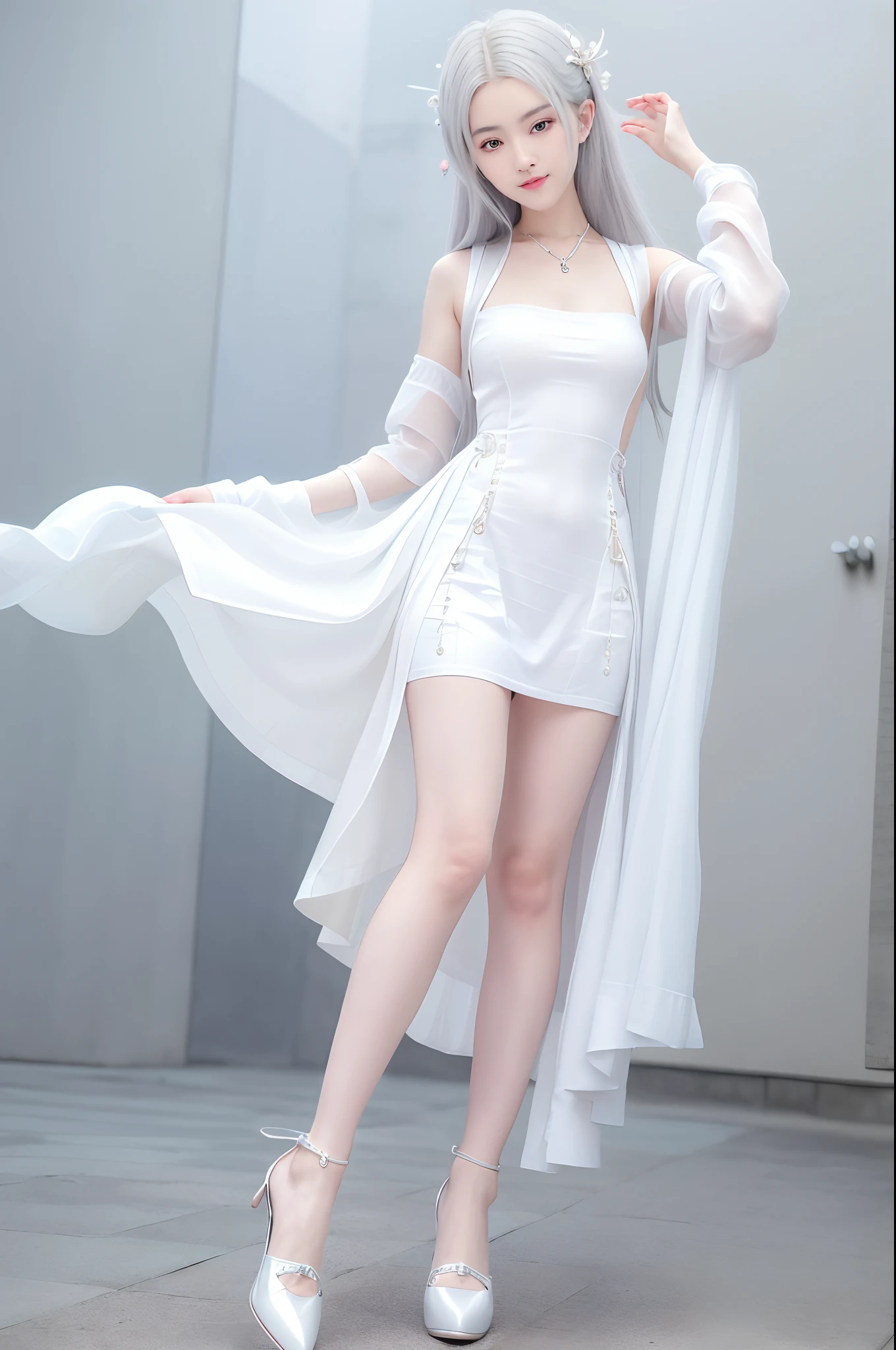 (Best Quality, High Resolution, Masterpiece: 1.3), A Tall and Beautiful Girl, A , Slender Legs, Stand Position, Posing, Small White Shoes, Slender Abs, Silver-White Hair in Loose Wave Styling, Full Body, Ultra Wide Angle, Wrist Ornament, Breasts, Wearing Pendants,, Smile, Glamorous,(Black Maid Outfit), (Modern Architecture in the Background), Fair Skin, Beautifully Presented Details in Face and Skin Texture, Detailed Eyes, Double Eyelids
