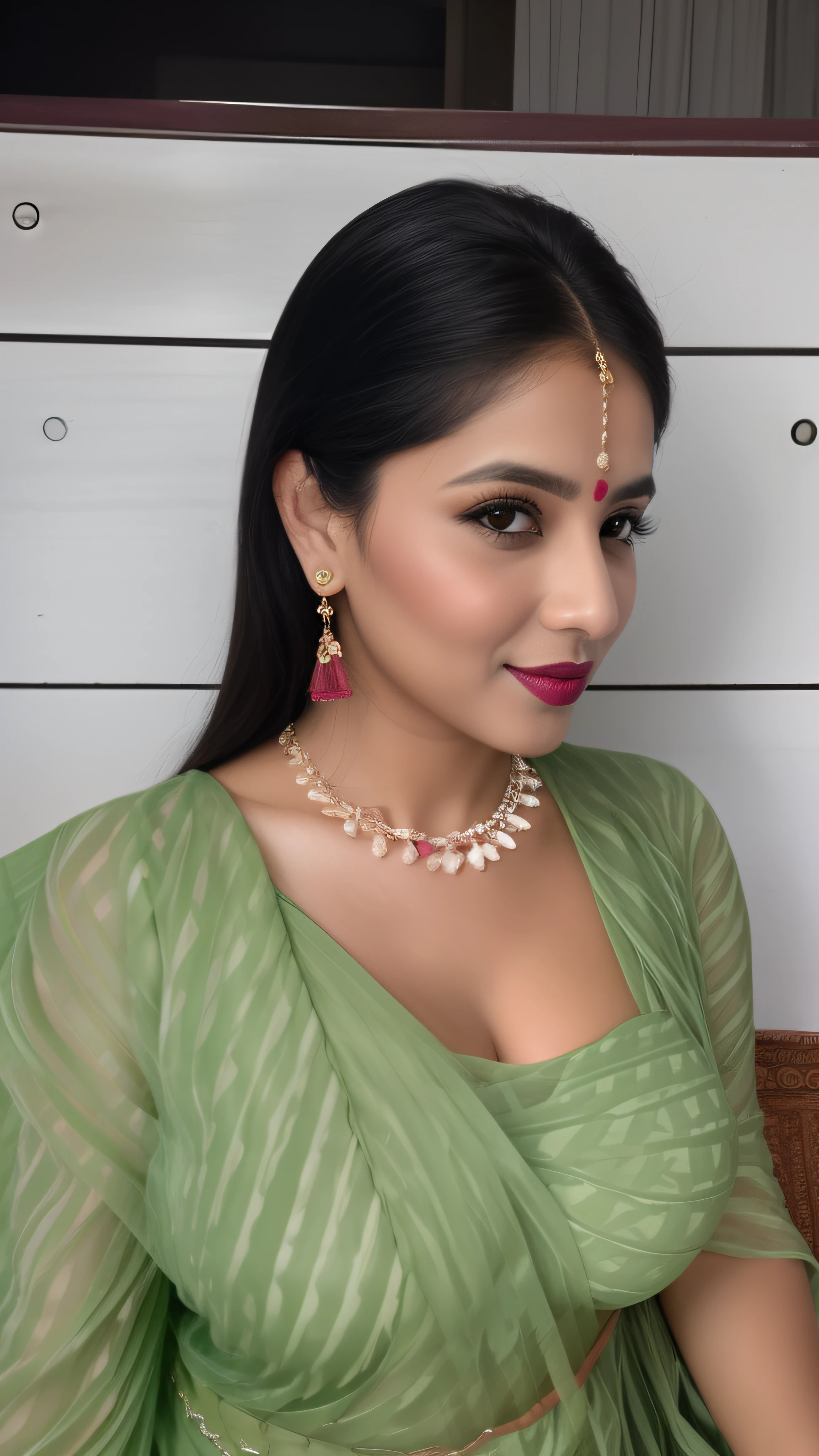 RAW photo, face portrait photo of beautiful 26 y.o woman, cute face, wearing black white sari, happy face, hard shadows, cinematic shot, dramatic lightin, big boobs, long hair, dramatic background, dark pink lips, sexy figure , multi color background, tajmahal background