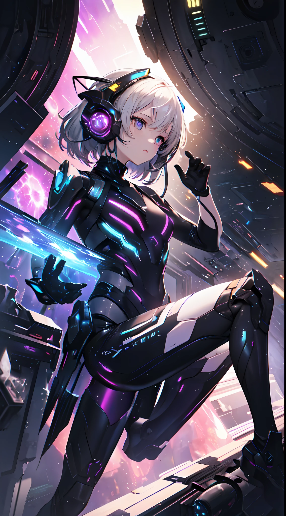 android girl(metallic skin, purple camera eyes, cyber joint, orgasm), pink light, kneeing, cable insert