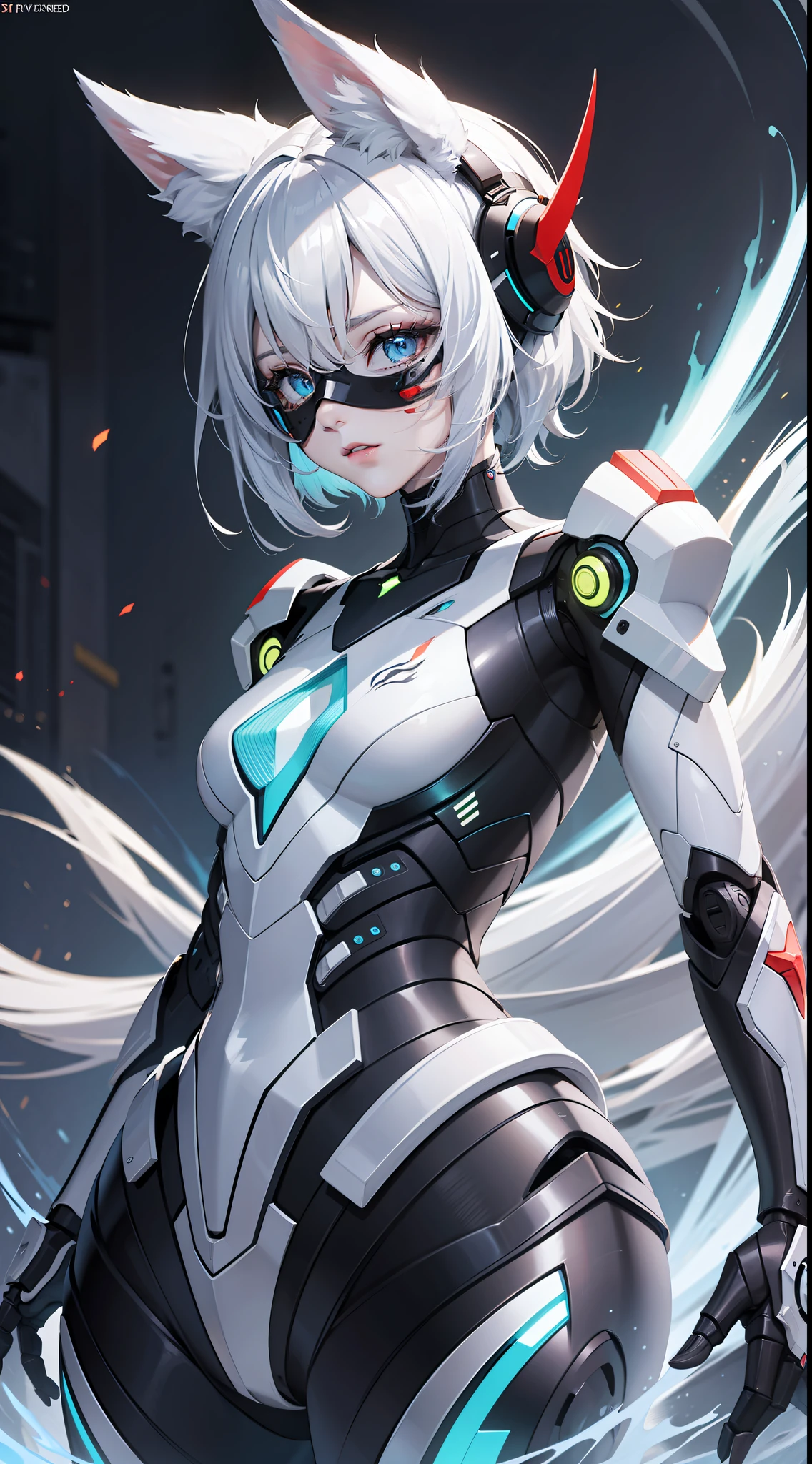 masterpiece,best quality,official art,extremely detailed CG unity 8k wallpaper,robot white fox ears,Mechanical joint,light blue fluorescent line,Feminization,Slim figure,Mechanical mask,handsame,tell,Nine tails,((beautiful eyes)),same eyes