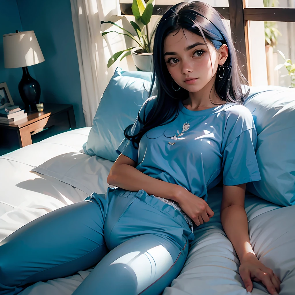 Arafed Mujer sentada en una cama en pijama azul, Usar pijama, azul, Vista de longitud completa, celeste, Dreamy soft, seda, Soft natural lighting, somnoliento, azul claro, Buenas noches, Ropa, Luz natural suave, Llevar pijama blanco, satin, Primer plano de cuerpo completo, con una camisa azul claro, azul pastel, cielo azul, perita marron de pelo desordenado acostada junto a ella