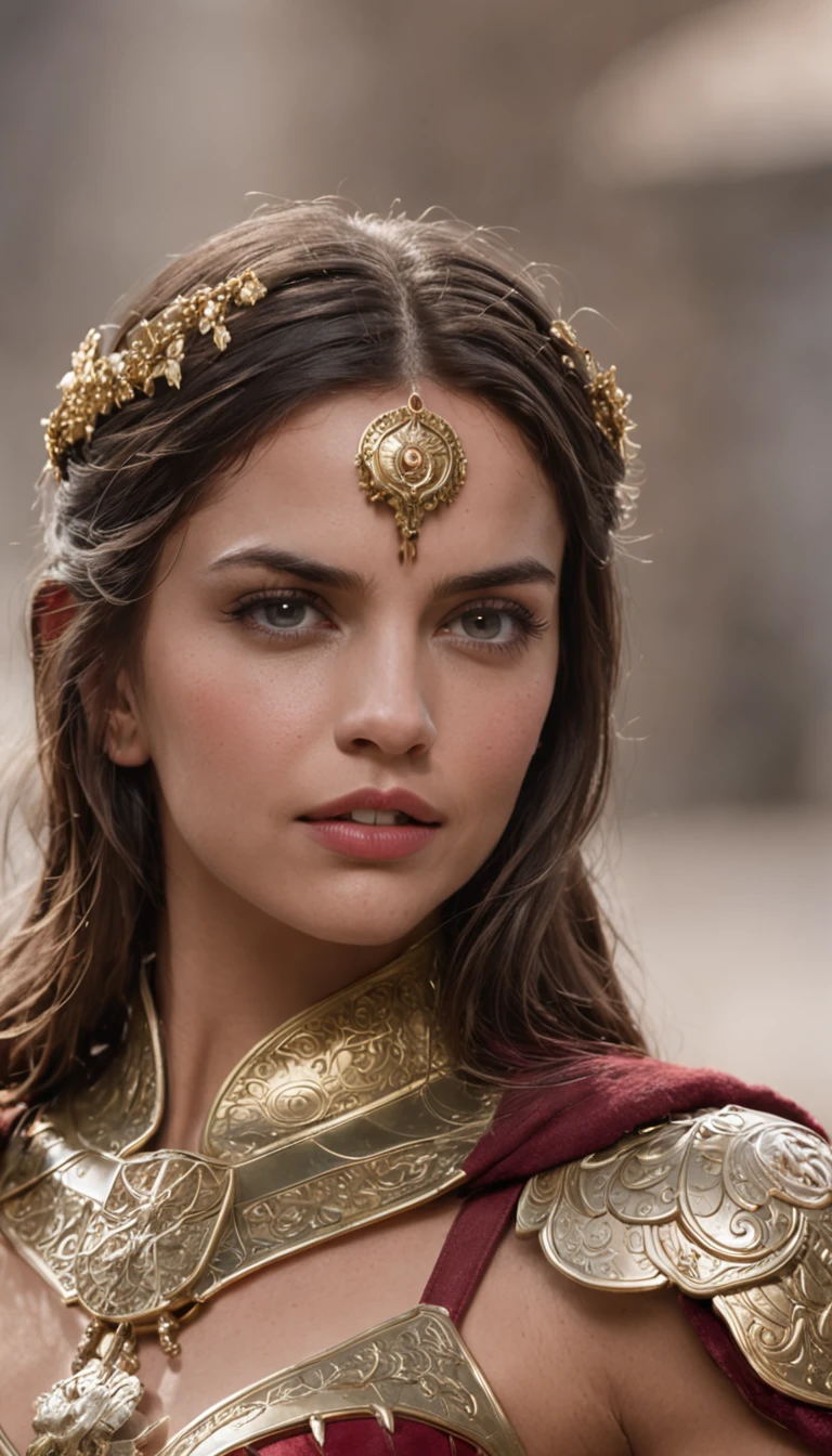Ana de Armas como Mulher-Maravilha, Realistic, is an iconic superheroine known for her strength, courage and compassion. His face exudes determination and a sense of justice. His piercing eyes reflect his unwavering determination and compassion for others. Her dark hair falls in lush waves framing her face with elegance. She wears her iconic red costume, azul e dourado;. em torno de sua cintura, Ela usa um cinto de ouro com um destaque "em" simbol. Their accessories include golden gauntlets on their arms, servindo como armadura defensiva e armas poderosas. Ela usa botas vermelhas e brancas que lhe proporcionam estabilidade e aumentam sua velocidade e agilidade. Carry the Lasso of Truth, uma corda de ouro que obriga qualquer um apanhado ao seu alcance a dizer a verdade.