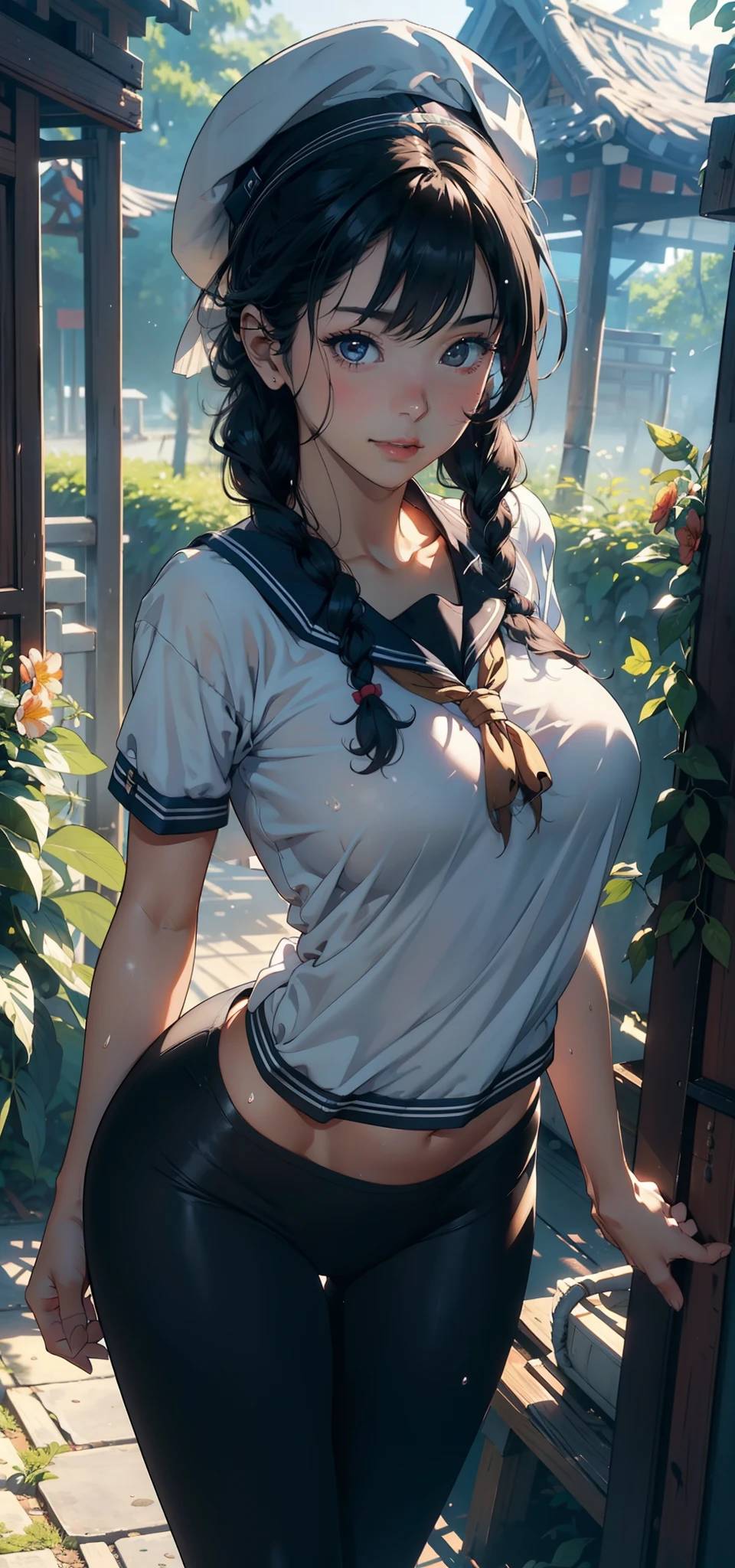 1female,25 age old,Slim,Large breasts,long leges,Big breasts Thin waist,Pornographic exposure, 独奏,(Background with:bamboo forrest,Stand in a sea of flowers,in summer) She has very short black hair,standing on your feet,Sweat profusely,drenched all over the body,seen from the front, Twist braids, mostly cloudy sky,(((tmasterpiece),(Very detailed CG unity 8K wallpaper),best qualtiy,cinmatic lighting,detailed back ground,beatiful detailed eyes,Bright pupils,(Very fine and beautiful),(Beautiful and detailed eye description),ultra - detailed,tmasterpiece,)),facing at camera,A high resolution,ultra - detailed),revealing breasts,Bare genitalia, Bulge,Camel toes,Raised sexy,Flushed complexion,Open-mouthed,frontage,Sailor's cap,elementary student(Wearing:Sailor uniform,black colored leggings,)nakeness,upper body photos