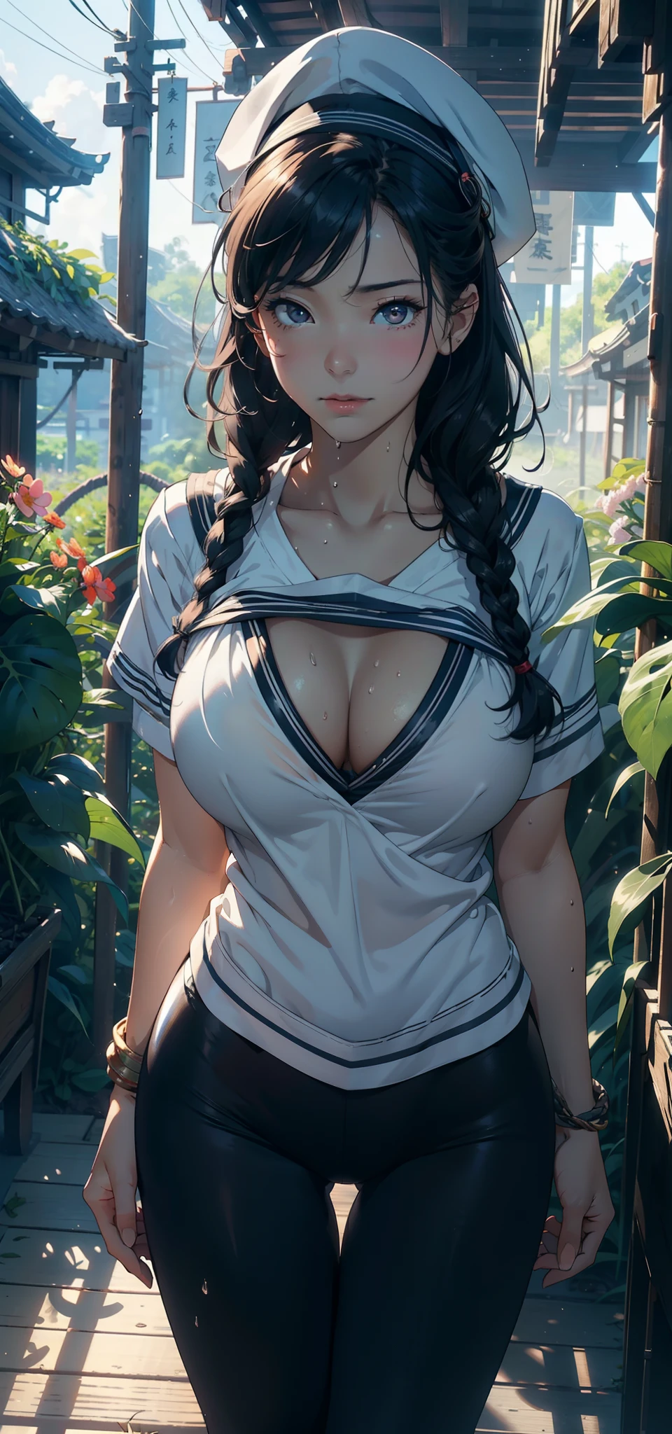 1female，25 age old，Slim，Large breasts，long leges，Big breasts Thin waist，Pornographic exposure， 独奏，（Background with：bamboo forrest，Stand in a sea of flowers，in summer） She has very short black hair，standing on your feet，Sweat profusely，drenched all over the body，seen from the front， Twist braids， mostly cloudy sky，（（（tmasterpiece），（Very detailed CG unity 8K wallpaper），best qualtiy，cinmatic lighting，detailed back ground，beatiful detailed eyes，Bright pupils，（Very fine and beautiful），（Beautiful and detailed eye description），ultra - detailed，tmasterpiece，）），facing at camera，A high resolution，ultra - detailed），revealing breasts，Bare genitalia， Bulge，Camel toes，Raised sexy，Flushed complexion，Open-mouthed，frontage，Sailor's cap，elementary student（Wearing：Sailor uniform，black colored leggings，）nakeness，upper body photos