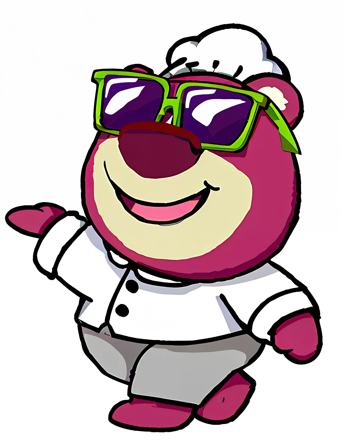 Cartoon character of chef in sunglasses and hat, ( bear wearing sunglasses, foxish guy in a lab coat, tardigrade wearing sunglasses, teddy fresh, laughing bear musician, portrait of anthropomorphic bear, full body mascot, Herren. nimbus character design, pink iconic character, mascot illustrations, looking heckin cool and stylish, Inspired by Theodore Major