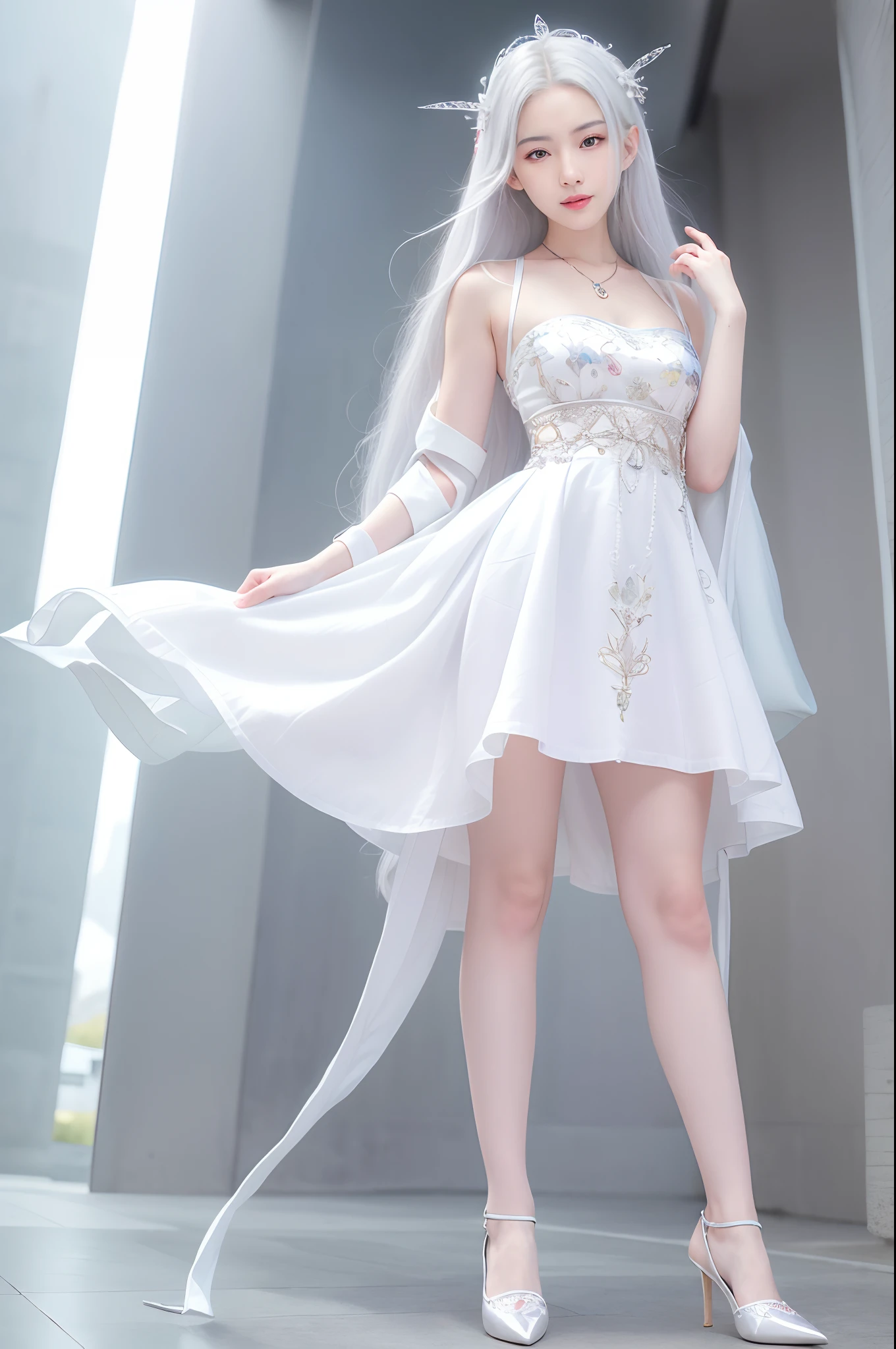 (Best Quality, High Resolution, Masterpiece: 1.3), A Tall and Beautiful Girl, A Loli, Slender Legs, Stand Position, Posing, Small White Shoes, Slender Abs, Silver-White Hair in Loose Wave Styling, Full Body, Ultra Wide Angle, Wrist Ornament, Breasts, Wearing Pendants,, Smile, Glamorous,(Black Maid Outfit), (Modern Architecture in the Background), Fair Skin, Beautifully Presented Details in Face and Skin Texture, Detailed Eyes, Double Eyelids