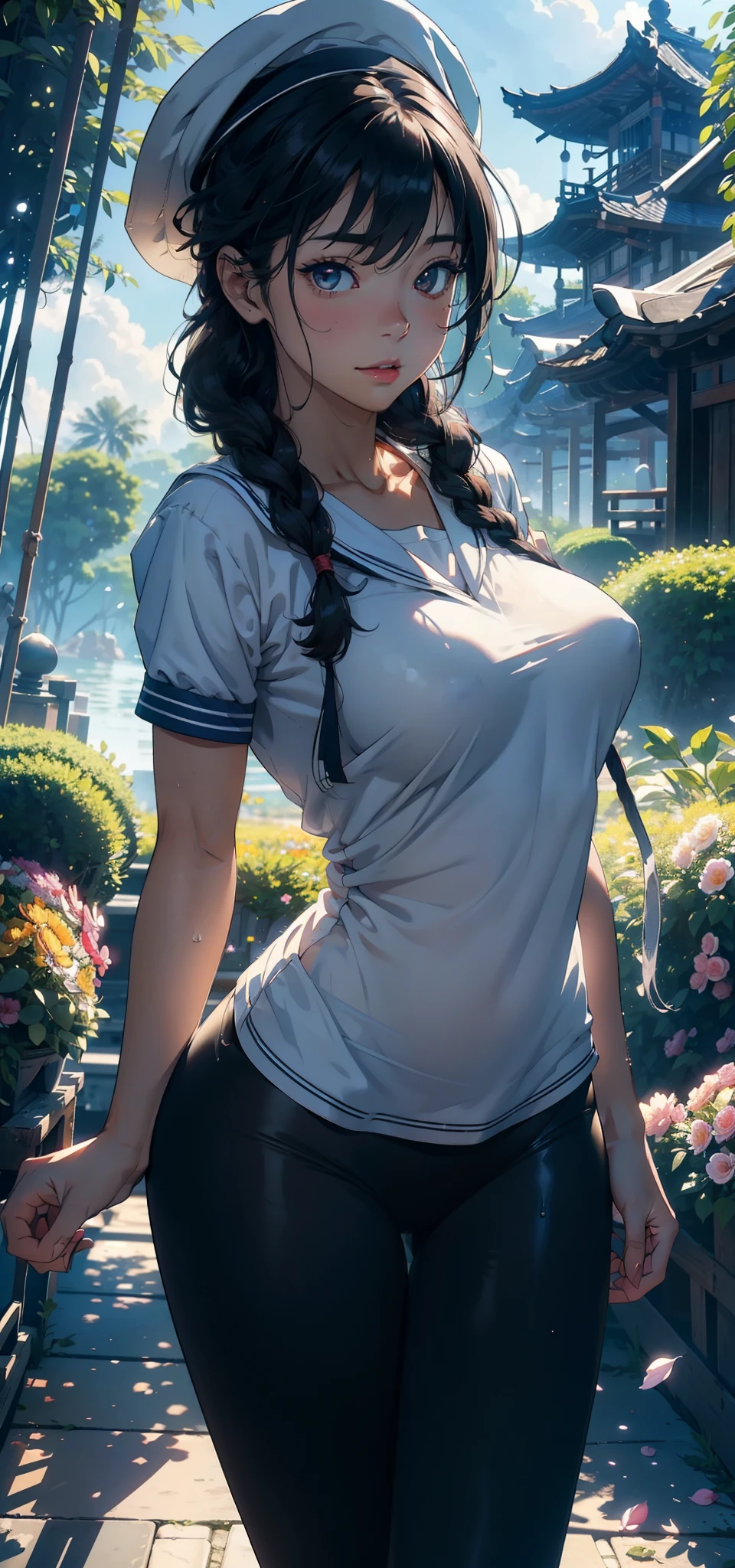 1female，25 age old，Slim，Large breasts，long leges，Big breasts Thin waist，Pornographic exposure， 独奏，（Background with：bamboo forrest，Stand in a sea of flowers，in summer） She has very short black hair，standing on your feet，Sweat profusely，drenched all over the body，seen from the front， Twist braids， mostly cloudy sky，（（（tmasterpiece），（Very detailed CG unity 8K wallpaper），best qualtiy，cinmatic lighting，detailed back ground，beatiful detailed eyes，Bright pupils，（Very fine and beautiful），（Beautiful and detailed eye description），ultra - detailed，tmasterpiece，）），facing at camera，A high resolution，ultra - detailed），revealing breasts，Bare genitalia， Bulge，Camel toes，Raised sexy，Flushed complexion，Open-mouthed，frontage，Sailor's cap，elementary student（Wearing：Sailor uniform，black colored leggings，）nakeness，upper body photos