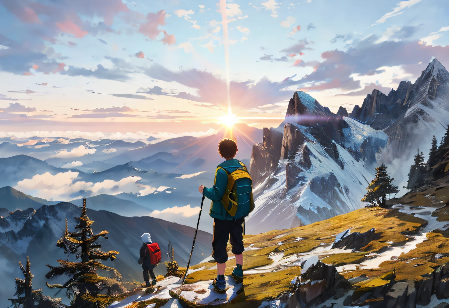 there is a boy standing on a hill with a backpack, standing on mountain, a wanderer on a mountain, boy standing on mountain, boy walking on mountain, during sunrise, standing on a hill, solo hiking in mountains trees, standing on a mountain top, scenery, at sunrise, on the top of a hill, standing on top of a mountain, hiking clothes, trekking clothes