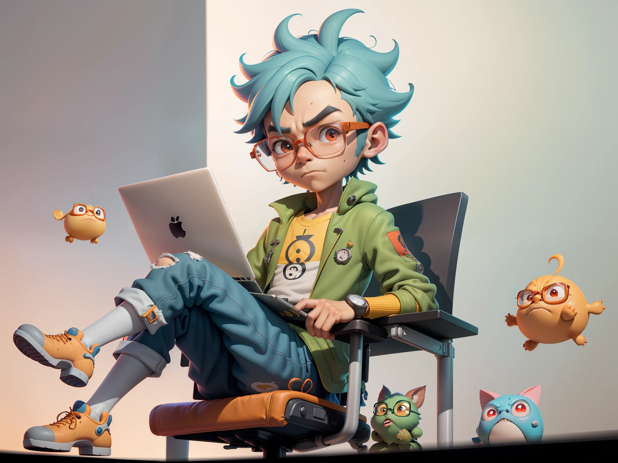 A young man with glasses sits at his desk，holding laptop，digitial painting，3D character design by Mark Clairen and Pixar and Hayao Miyazaki and Akira Toriyama，4K HD illustration，Very detailed facial features and cartoon-style visuals。