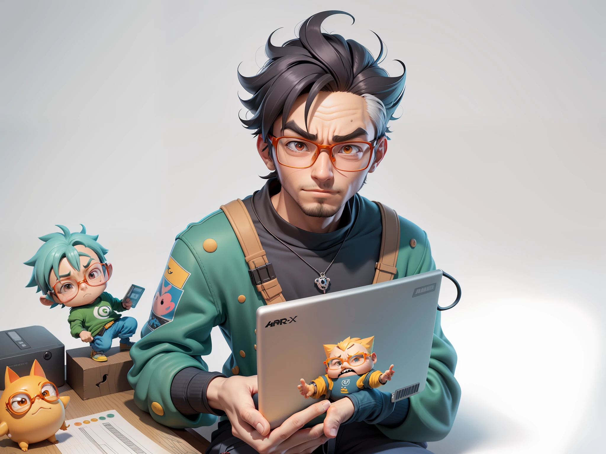 A young man with glasses sits at his desk,holding laptop,digitial painting,3D character design by Mark Clairen and Pixar and Hayao Miyazaki and Akira Toriyama,4K HD illustration,Very detailed facial features and cartoon-style visuals。