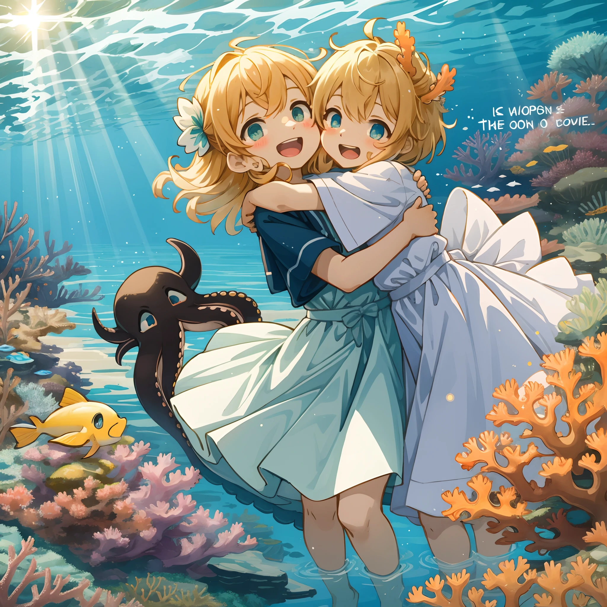 highres, top quality, best quality, paid reward available, High-quality illustrations, unparalleled masterpiece, In the sea, Coral reefs on the seabed, absurdres, height difference, large octopus creature, smile, hugs girl((movie of a octopus creature and human 1girl))girl hugs octopus creature, dress skirt, smile, open mouth, happy, joyful(beautiful detailed eyes and face)caustics, light rays, light leaks, light particles, lens flare, subtitles, English text,