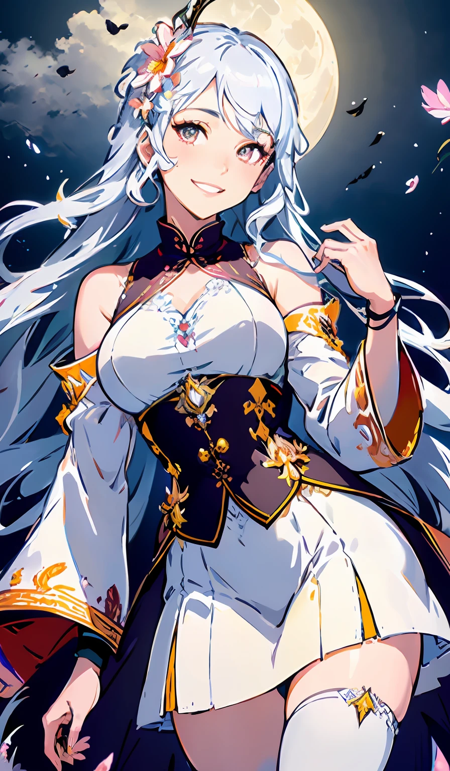 masterpiece, best quality, happy smile teeth
1girl, (colorful),(finely detailed beautiful eyes and detailed face),cinematic lighting,bust shot,extremely detailed CG unity 8k wallpaper,white hair,solo,smile,intricate skirt,((flying petal)),(Flowery meadow)
sky, cloudy_sky, building, moonlight, moon, night, (dark theme:1.3), light, fantasy,