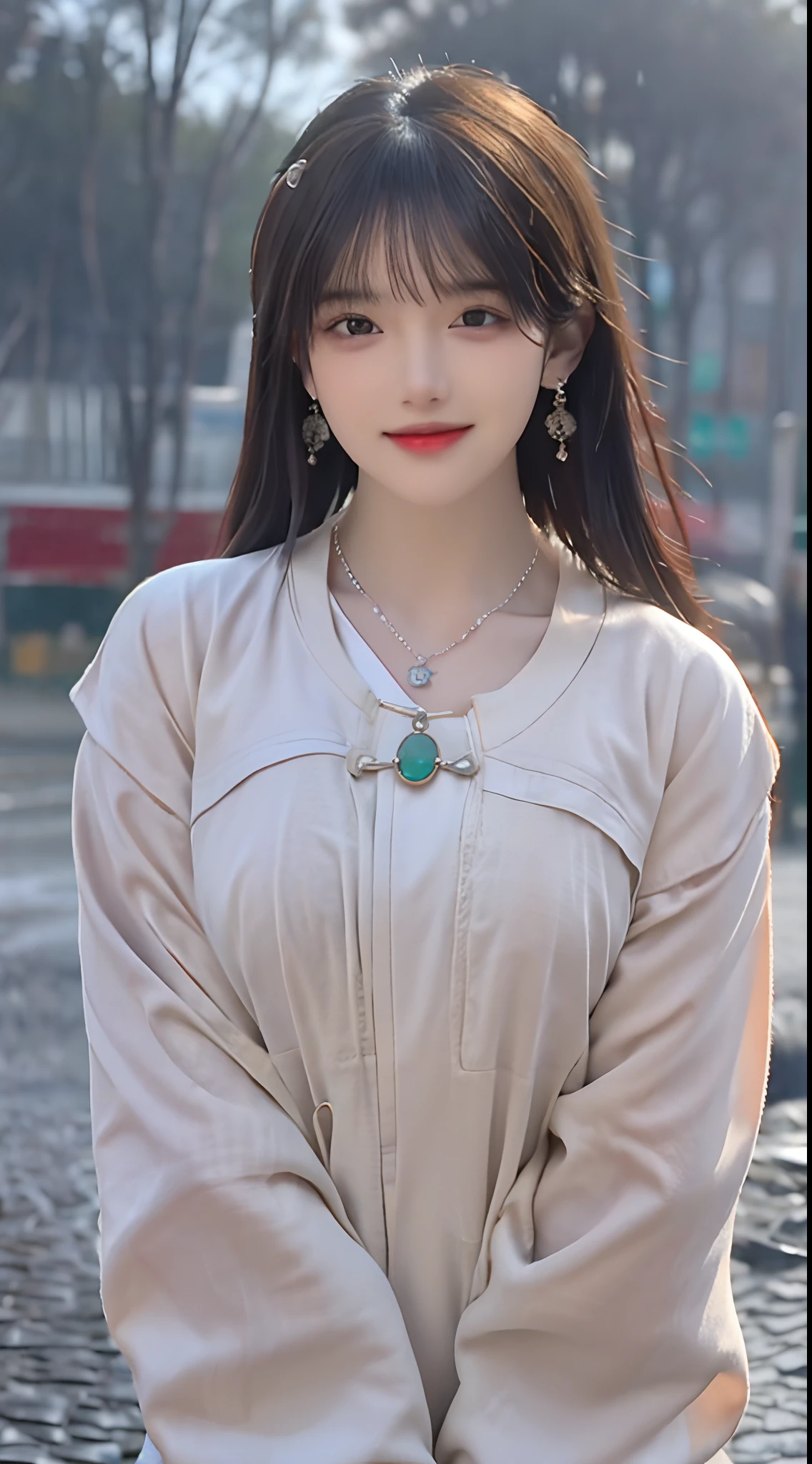 ((Best Quality, 8k, Masterpiece: 1.3)), Clear Focus: 1.2, Perfect Body Beauty: 1.4, Buttocks: 1.2, ((Layered Haircut, ), (Rain, Street:1.3), Highly Detailed Face and Skin Texture, Fine Eyes, Double Eyelids, Whitened Skin, Long Hair, Smile, Laugh, Chinese Clothing, Jade, Necklace, Bracelet, Earrings