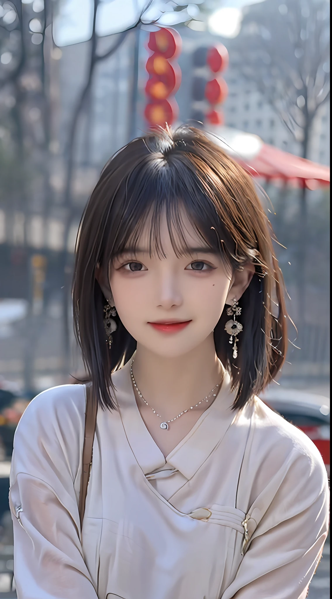 ((Best Quality, 8k, Masterpiece: 1.3)), Clear Focus: 1.2, Perfect Body Beauty: 1.4, Buttocks: 1.2, ((Layered Haircut, ), (Rain, Street:1.3), Highly Detailed Face and Skin Texture, Fine Eyes, Double Eyelids, Whitened Skin, Long Hair, Smile, Laugh, Chinese Clothing, Jade, Necklace, Bracelet, Earrings