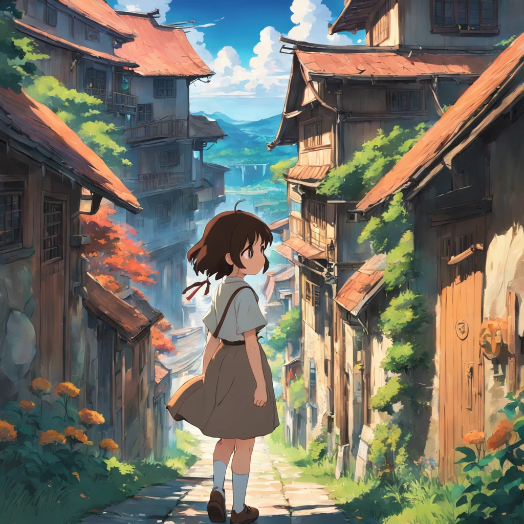 Rural villages, The locomotive passed, Studio Ghibli view, Perfect, Best quality, Best Art, Girl with short brown hair (high detal:1.4) 8K