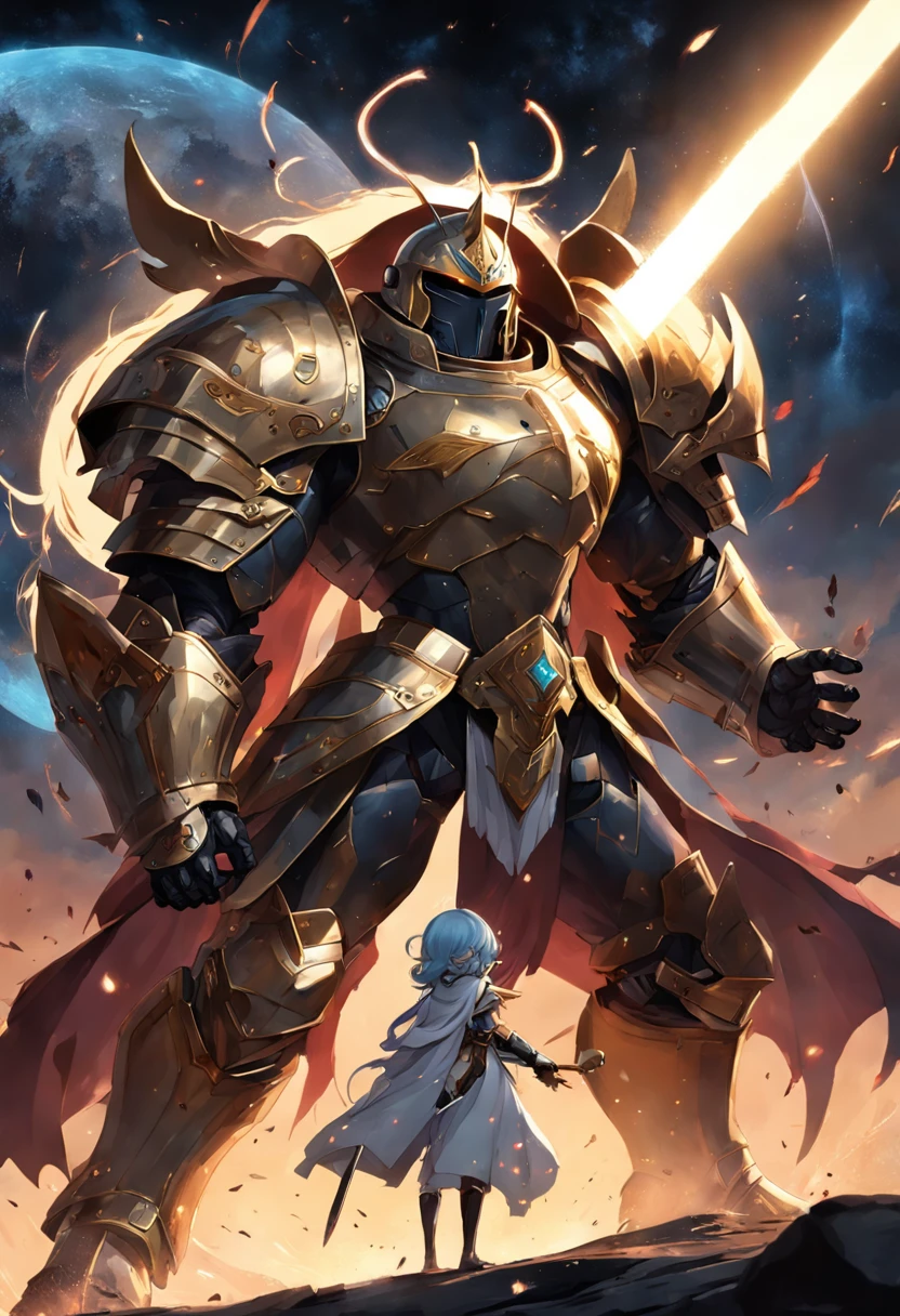 Um homem com uma armadura dourada robusta e pesada com detalhes em dourados, in combat position, with a black Templar helmet with gold details, retirando uma espada de uma pedra com a lamina preta, com uma aura celestial.