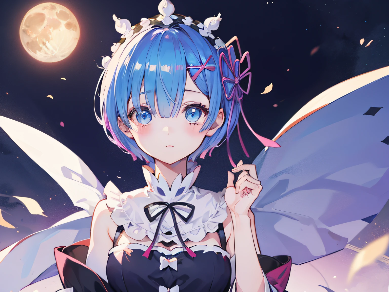 Kimetsu_no_Yaiba style, rem(Re:Zero), ​masterpiece、top-quality、1girl, moon, natta、