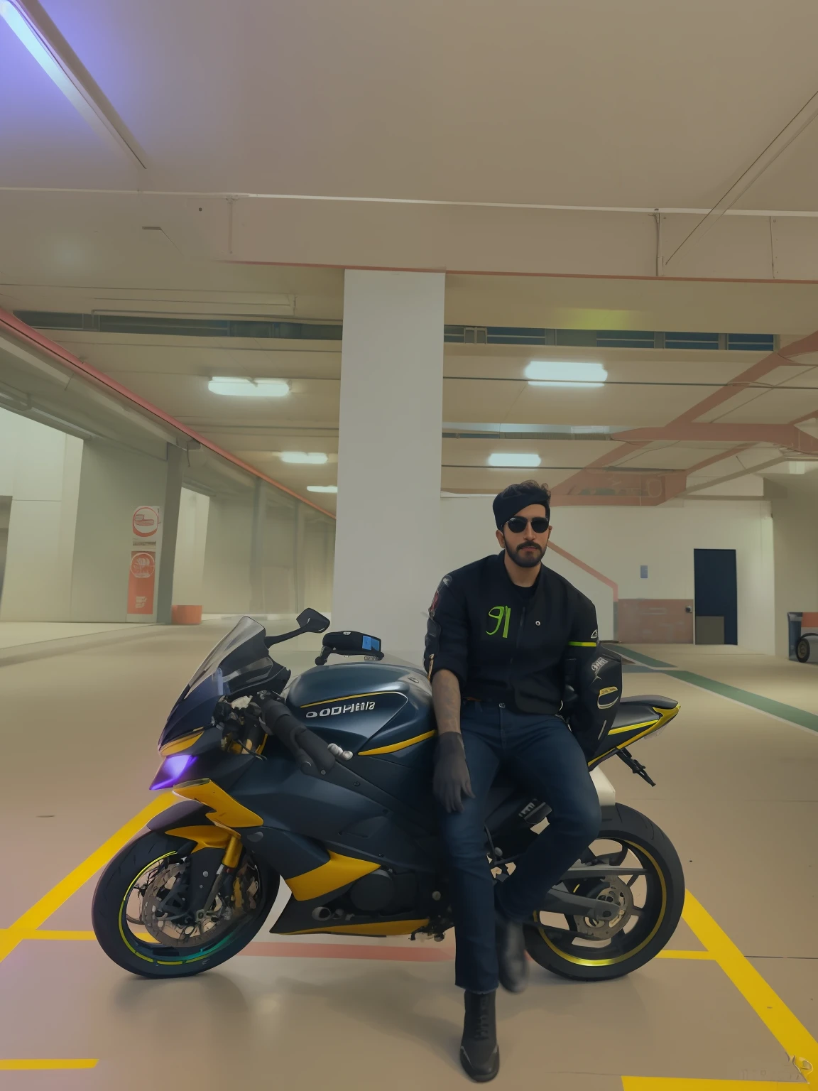 there is a man sitting on a motorcycle in a parking garage, sitting on cyberpunk motorbike, at racer track, mohamed chahin style, very very low quality picture, taken with sony alpha 9, taken with the best dlsr camera, in front of a garage, in a cybercity, sitting on a motorcycle, very artistic pose, indoor picture, cool pose, candid picture