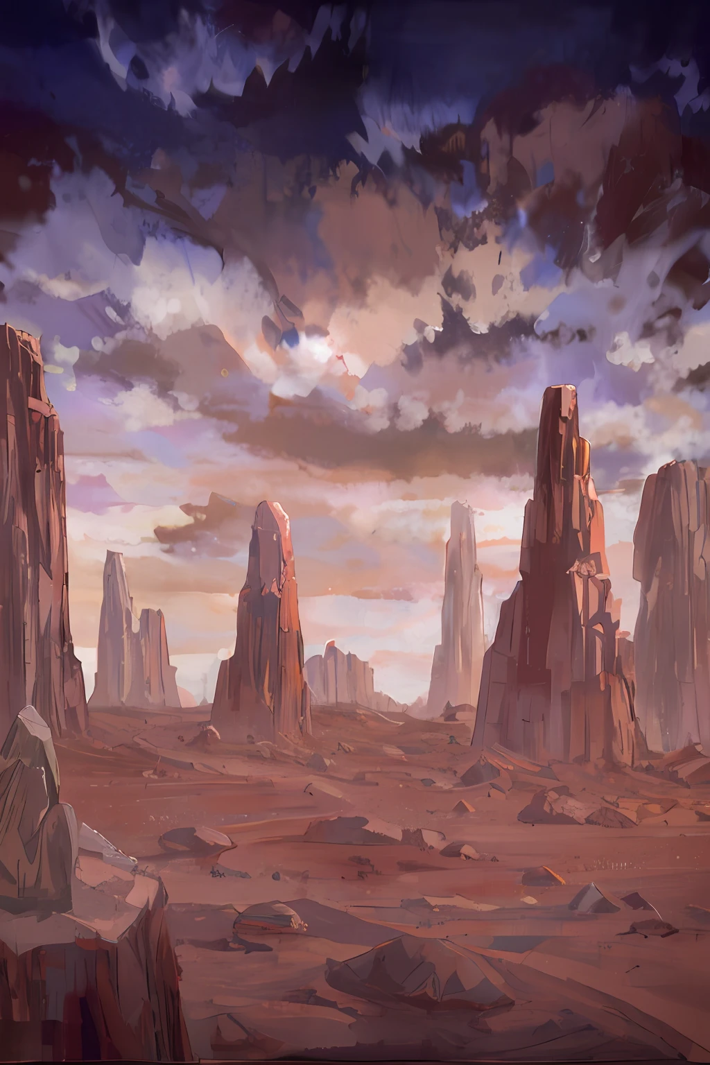 There is a painting of a night time desert with rocks and a sky, Cursed Bottom Valley, desert wasteland, desert scenery, Background illustrations, Anime landscape, Martian Sands background, rocky environment