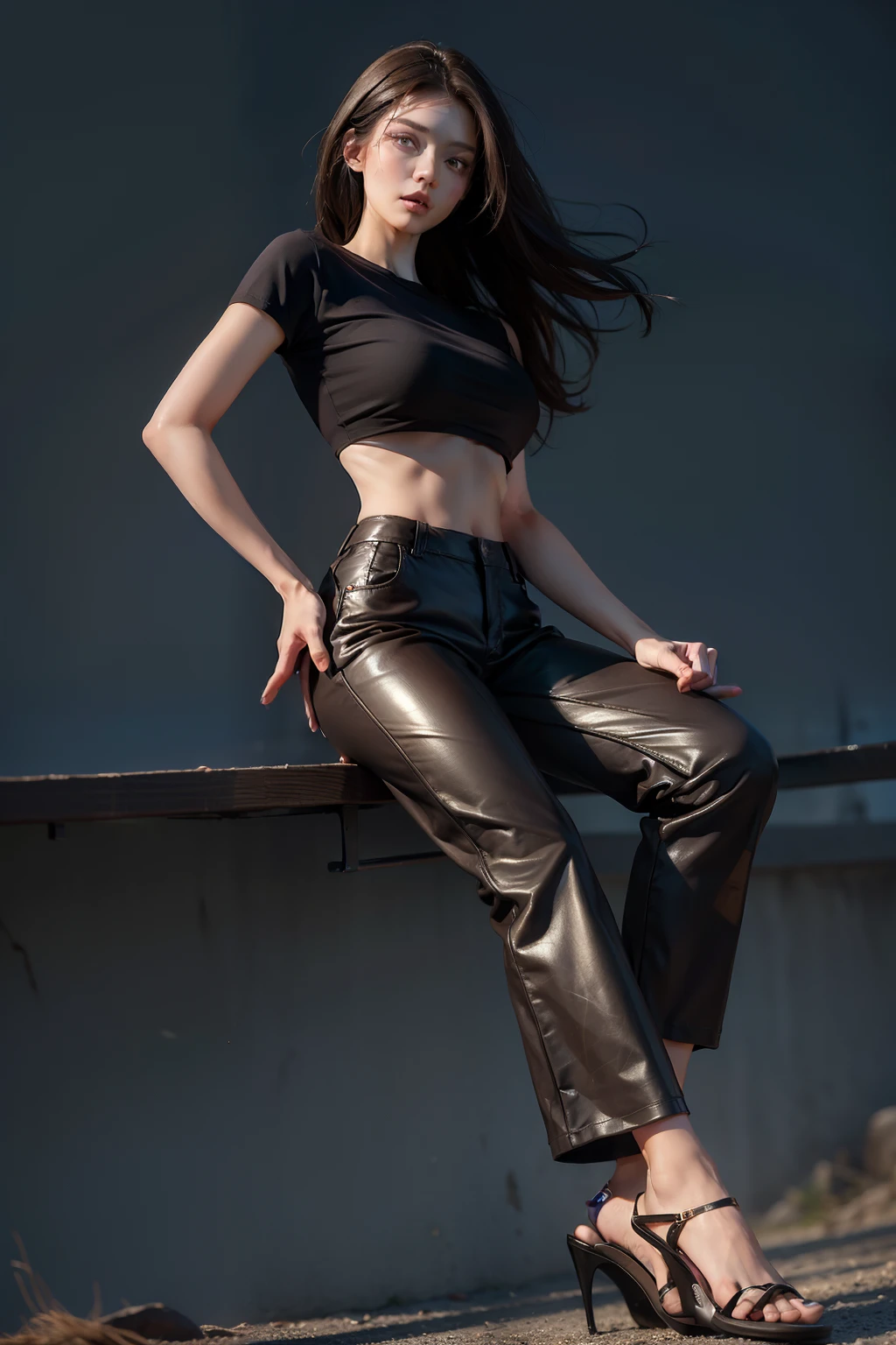 ((Midnight, Best quality, 8k, Masterpiece :1.3)), Whole body, Long legs, Sharp focus :1.2, A pretty woman with perfect figure :1.4, ((Dark brown hair, Big breasts :1.2)), (Crop top shirt, Low waist pants:1.2), Highly detailed face and skin texture, Detailed eyes, Double eyelid, high heels, low angle, from below, tonned abs, full body