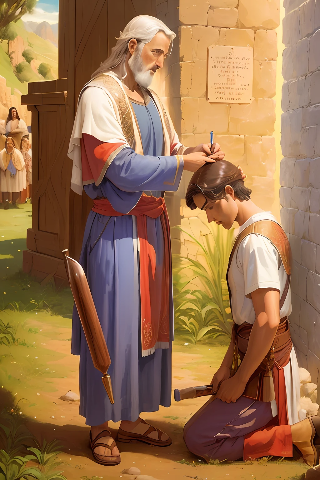 pintura de um homem ajoelhado, receiving anointing, bible illustration, biblical image, anointing of the head with oil, Directed by: Rodolfo Escalera, beautiful depiction, full-colour illustration, Directed by: Antonio Ciseri, biblical painting, Directed by: Marcello Bacciarelli, full-colour illustration, artista desconhecido, Hildebrandt, Directed by: Eugenio de Arriba, epic biblical representation