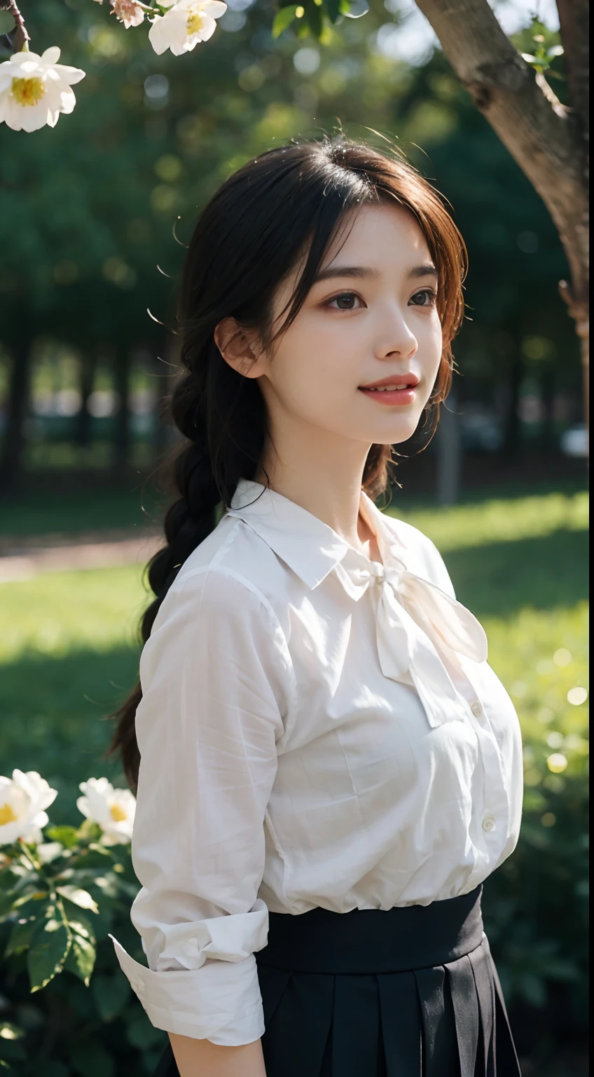 Unbeatable masterpiece, Ultra photo realsisim, Perfect artwork, Intricate details, Best quality, Strong light,High contrast, Masterpiece , Best quality , flower .(From_Side) , (Looking_away) ,(rip_Head) , (The upper part of the body_Body) , 1girll , Solo . , Petite , White hair , (Very_Long hair) ,Red _Eyes are medium_Breasts .(Closed mouth) , light grin , Straight hair, (Glowing_Eyes) , (White_shirt) , (neck bowtie)(Transparent_Clothing) , Braid .(Pleated skirt) , wind lift , Hair_Lift ,(Spring) , (Hair_flower) , branches , (Leaves) ,Foreground flowers , (bushes) , tree , forest , Sunshine , Tyndall effect , ((Masterpiece)).(A high resolution) , (Best_quality) , (highly_Detailed) (Original) , (Delicate background) ,(Extremely detailed 8k wallpaper) Cinematic lighting , Volume lighting , light particules , shaded face ,Beautiful_Detailed_Eyes , Depth_Domain perspective
