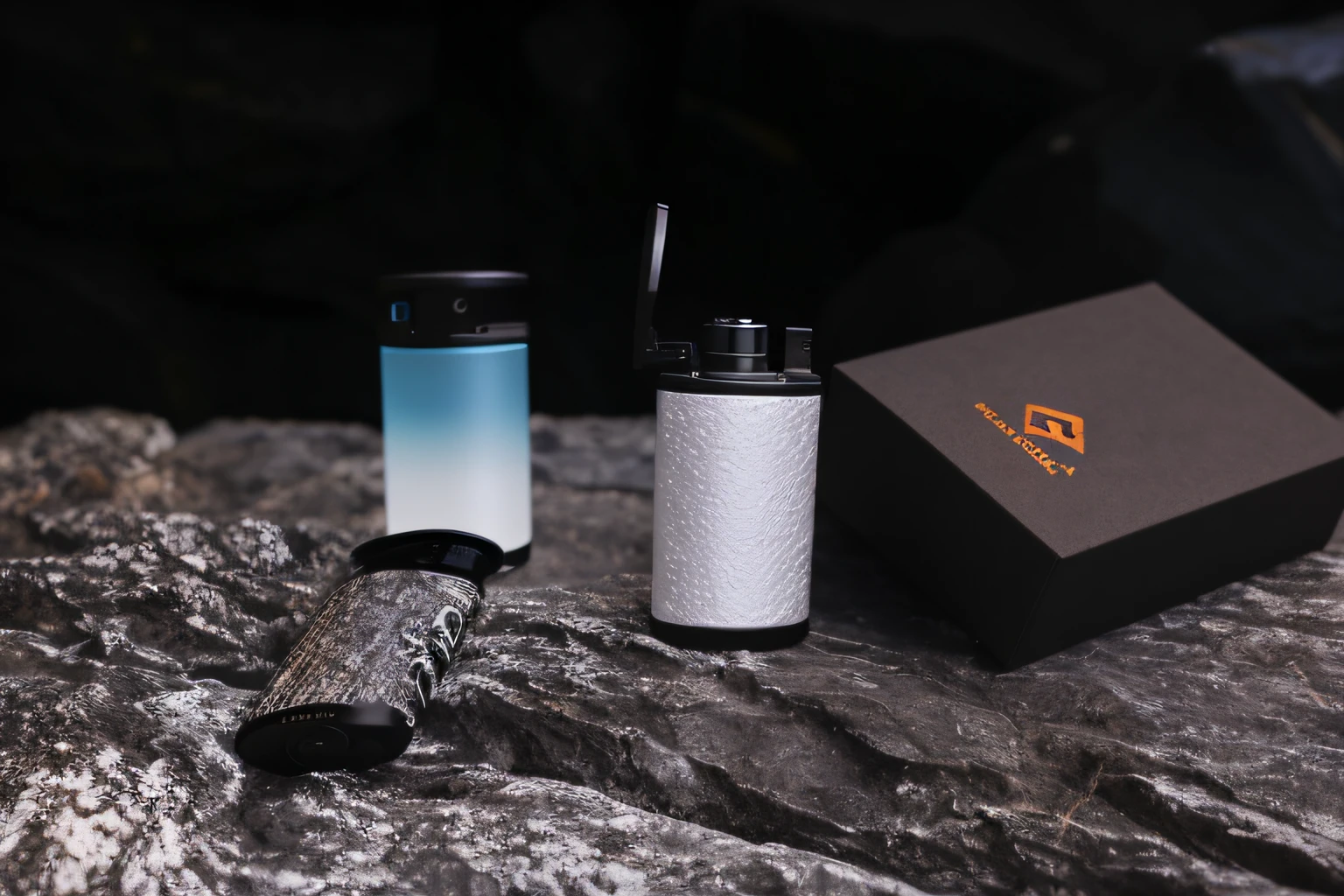 There are two lighters and a box on the rock,Keep the lighter details，Add relevant elements to the background Product introduction photos, product introduction photos, Product photo, product image, high quality product photo, professional product photo, products shot, professional product shot, highly detailed product photo, dramatic product shot, high qualityProduct photography, Product photography, 35 mm product photo”, 45mm, 4 5 mm, realistic lens