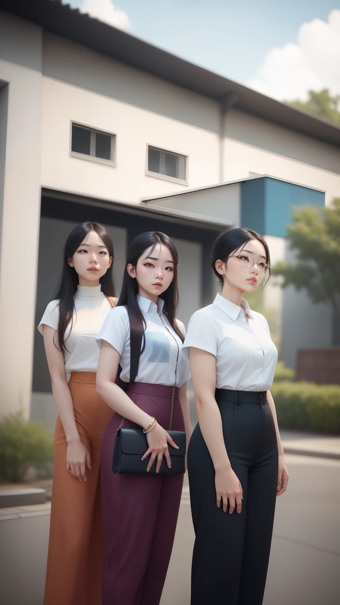 Girl in Realistic anime, Colorful Anime, transparent shirt, drenched, work pants or porcelain skirt, no bra, sneakers, body like kpop model, The clothes are clear and detailed, the face is clear and detailed, the color reproduction is the same as the original photo but more realistic, the legs and arms are detailed, 8k, dsrl, office style, asian girl style, about 25 years old, the scene is smooth and realistic, like in the future, The background is as clear as a cream painting, clear and true like a professional camera,