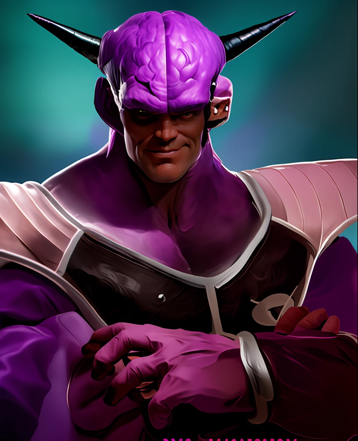 Jim Carrey cast as a purple bald alien with purple skin and big black horns, big bald veiny brain, sayan armor