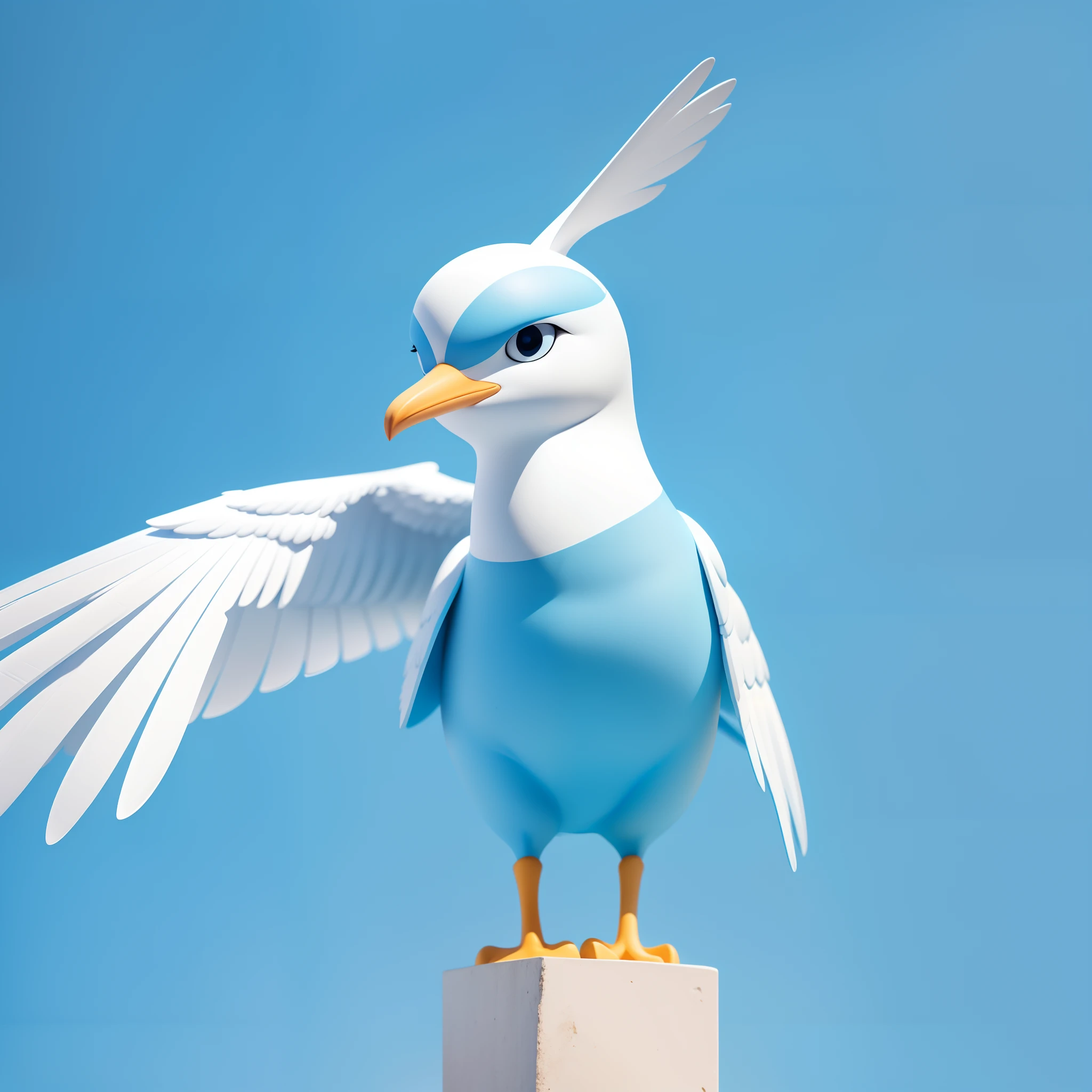 Anthropomorphic cartoon seagull，Solid blue background，Frontal photo，