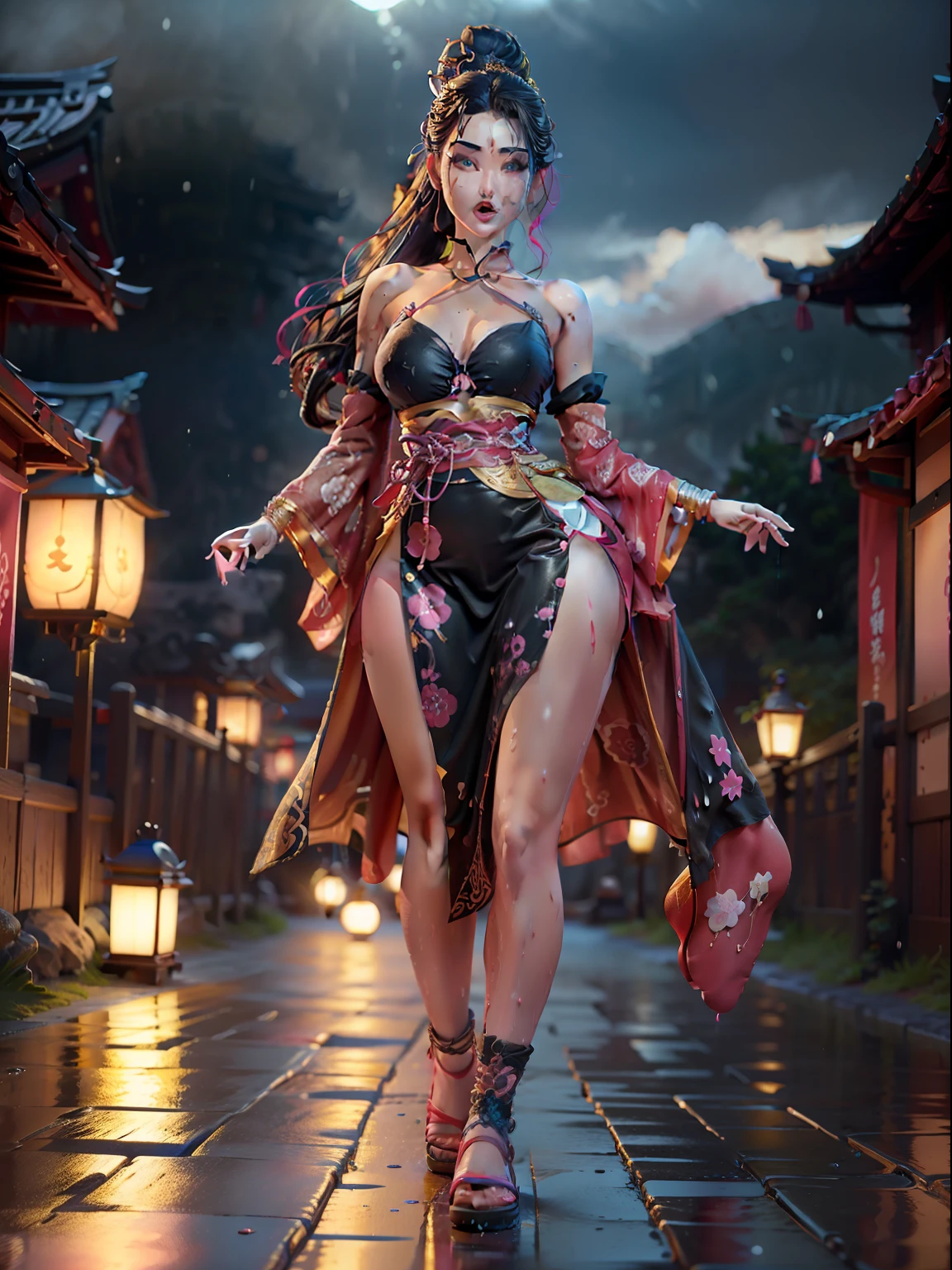 ((professional 3d render)), ((Realistic)), (((Japanese ethnic dress))) female warrior, three-dimensional art objects, cute seduction, (((big blue eyes, thin pink lips, thin nose, long black wet hair))), open mouth while smile, emphasizing slender abs, Detailed eyes, passionate body, high-ponytail hair style, / shoulders exposed, / decorated arm sleeve, wear arm cyberpunk sleeve, wear tight Fishnet Stockings, strappy sandals/ extremely detailed,((fractal art)), colorful, highest detailed,((zentangle)), (dynamic pose), ((many colors)), location garden with riverside and rock or temple or bridge, night lantern, colorful abstract on outfit, Figure, blind box, ( Disney style), high qulity, high detail, (super-fine), 16K resolution, (Macro lens), ((Master's work)),((full body view)),(Basic diagram model),(Traching),gold, ((Dominated color gold, black))