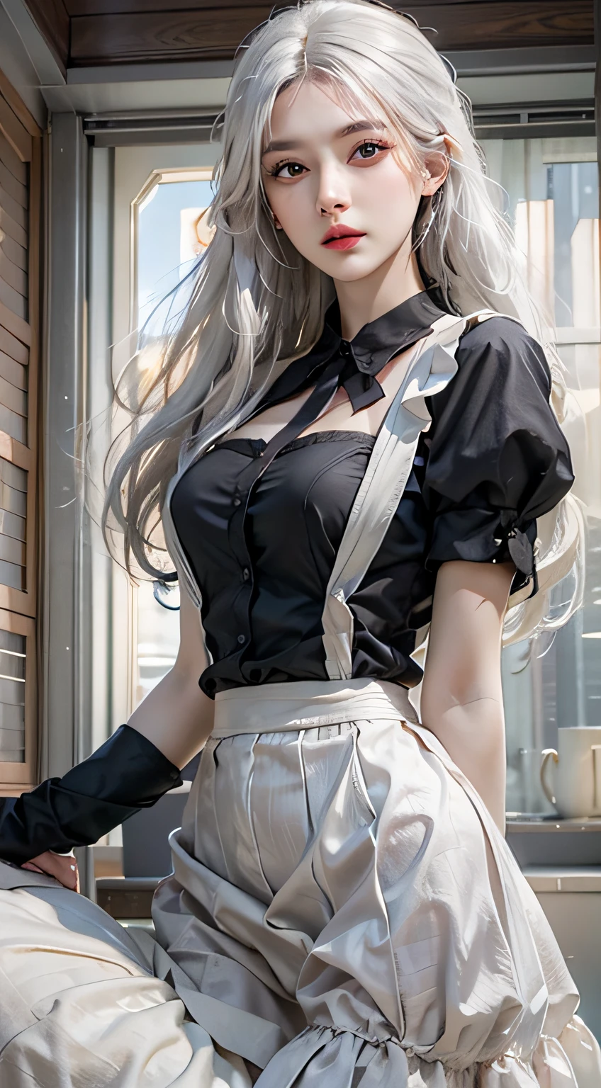 Photorealistic, High resolution, 1womanl, Solo, hips up high, view the viewer, (Detailed face), White hair, Long hair,( maid clothes, Simple clothing)、(off shoulders)