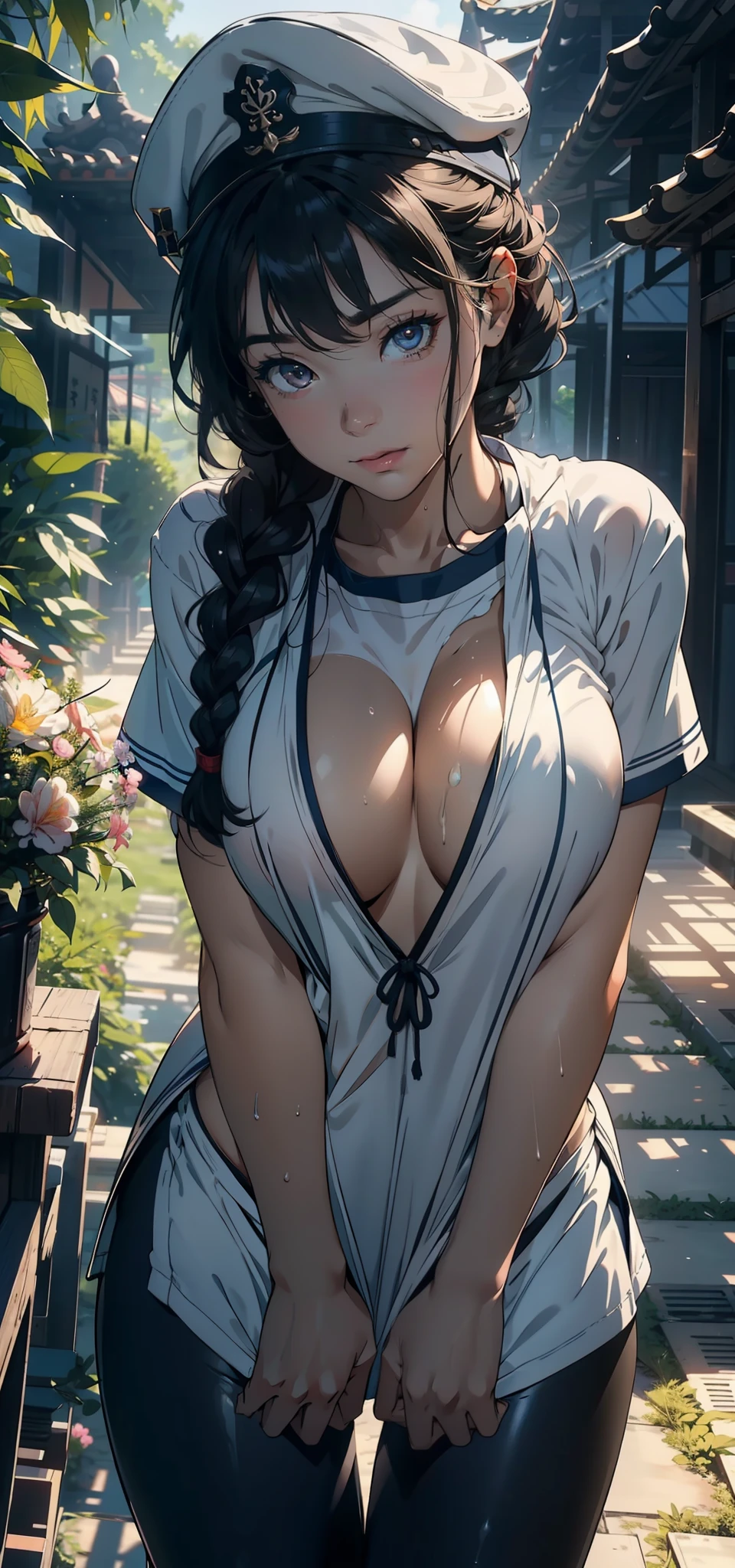 1female，25 age old，Slim，Large breasts，long leges，Big breasts Thin waist，Pornographic exposure， 独奏，（Background with：bamboo forrest，Stand in a sea of flowers，in summer） She has very short black hair，standing on your feet，Sweat profusely，drenched all over the body，seen from the front， Twist braids， mostly cloudy sky，（（（tmasterpiece），（Very detailed CG unity 8K wallpaper），best qualtiy，cinmatic lighting，detailed back ground，beatiful detailed eyes，Bright pupils，（Very fine and beautiful），（Beautiful and detailed eye description），ultra - detailed，tmasterpiece，）），facing at camera，A high resolution，ultra - detailed），revealing breasts，Bare genitalia， Bulge，Camel toes，Raised sexy，Flushed complexion，Open-mouthed，frontage，Sailor's cap，（Wearing：Sailor uniform，white leggings underneath，）nakeness，upper body photos