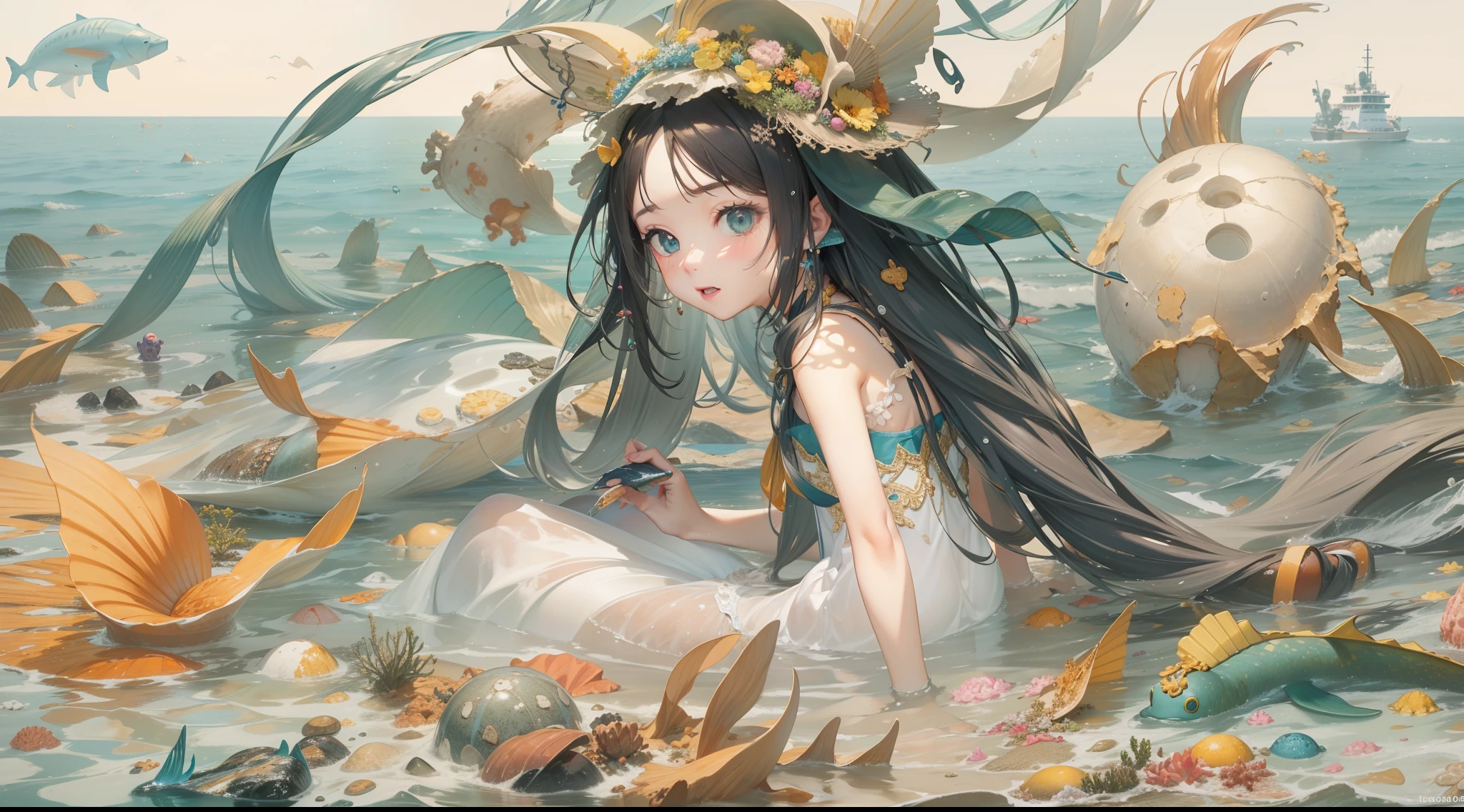 tmasterpiece，Messy painting style，Nuclear-contaminated seawater，Solo，Mermaids floating in the sea，4 fingers, 1 thumb，Hair floating in the sea，The seabed is littered with garbage，Detailed details，ultra-realistic realism，Plastic barrels with radiation marks on the seafloor