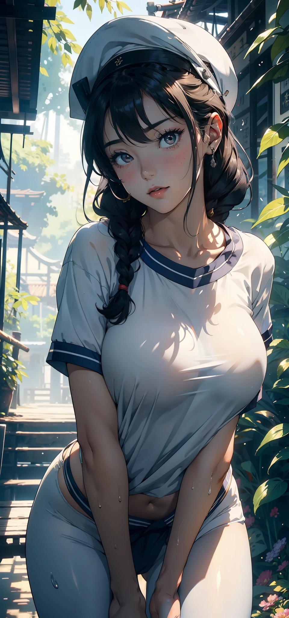1female，25 age old，Slim，Large breasts，long leges，Big breasts Thin waist，Pornographic exposure， 独奏，（Background with：bamboo forrest，Stand in a sea of flowers，in summer） She has very short black hair，standing on your feet，Sweat profusely，drenched all over the body，seen from the front， Twist braids， mostly cloudy sky，（（（tmasterpiece），（Very detailed CG unity 8K wallpaper），best qualtiy，cinmatic lighting，detailed back ground，beatiful detailed eyes，Bright pupils，（Very fine and beautiful），（Beautiful and detailed eye description），ultra - detailed，tmasterpiece，）），facing at camera，A high resolution，ultra - detailed），revealing breasts，Bare genitalia， Bulge，Camel toes，Raised sexy，Flushed complexion，Open-mouthed，frontage，Sailor's cap，（Wearing：Sailor uniform，white leggings underneath，）nakeness，upper body photos