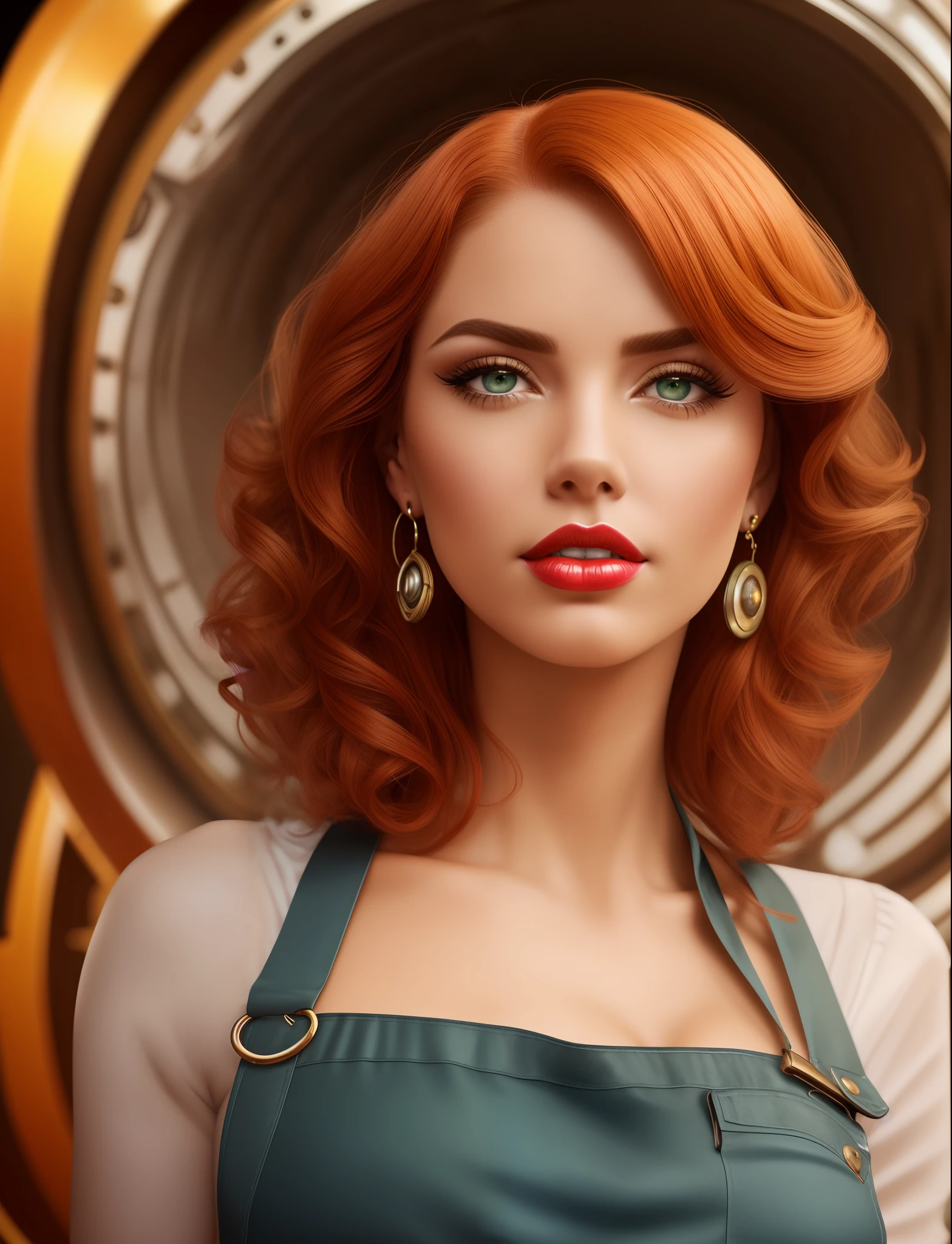 Deliberate photo of mature woman standing, (freckles:0.7), solo, jewelry, earrings, green eyes, looking at viewer, makeup, curly hair, lipstick, red hair, red lips, (steam punk style:1.2), retro style, fantasy, realistic, closeup, ([Adriana Lima | Magan Fox ]:1.1) wearing apron, inside space ship time machine, retro soviet wave, realistic, pinup art, pinup girl, muted colors, sepia, orange hair, short hair, parted lips, curious, shiny skin,